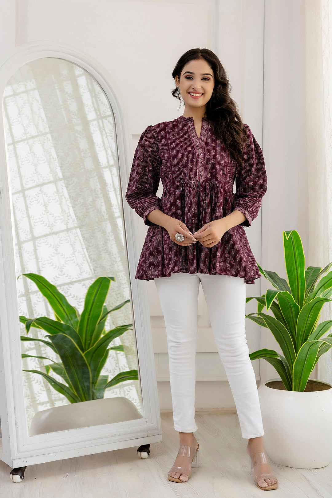 Women's Purple Printed Peplum Tunic - Taantav