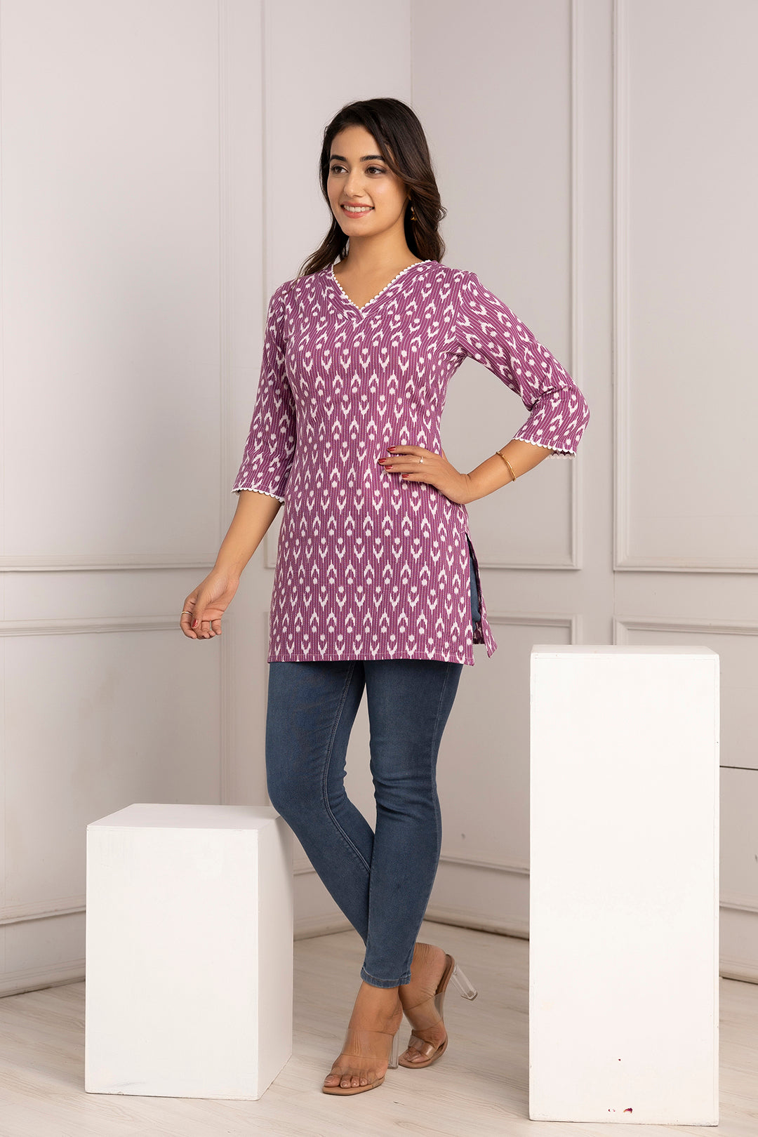 Women's Purple Printed Straight Tunic - Taantav