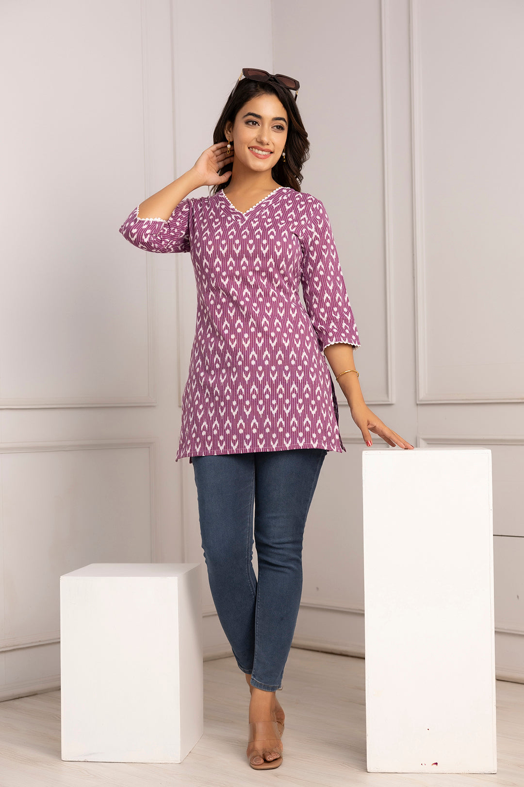 Women's Purple Printed Straight Tunic - Taantav