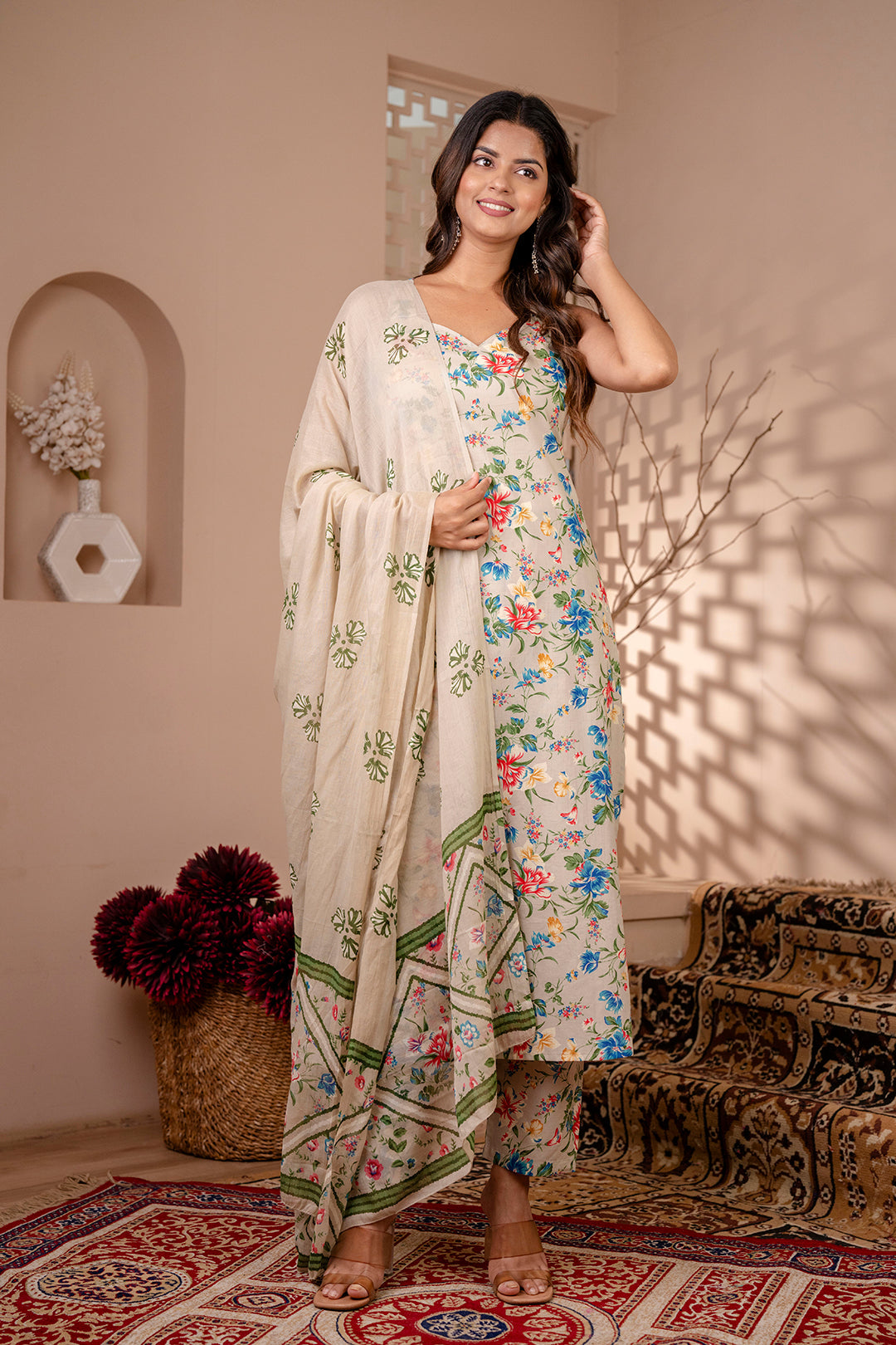 Women's Beige Floral Printed Straight Kurta With Trouser And Dupatta - Taantav