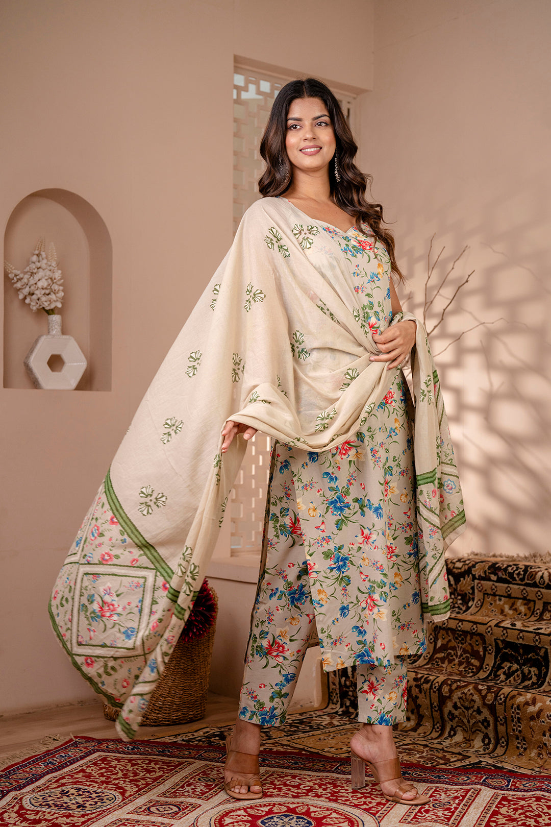 Women's Beige Floral Printed Straight Kurta With Trouser And Dupatta - Taantav