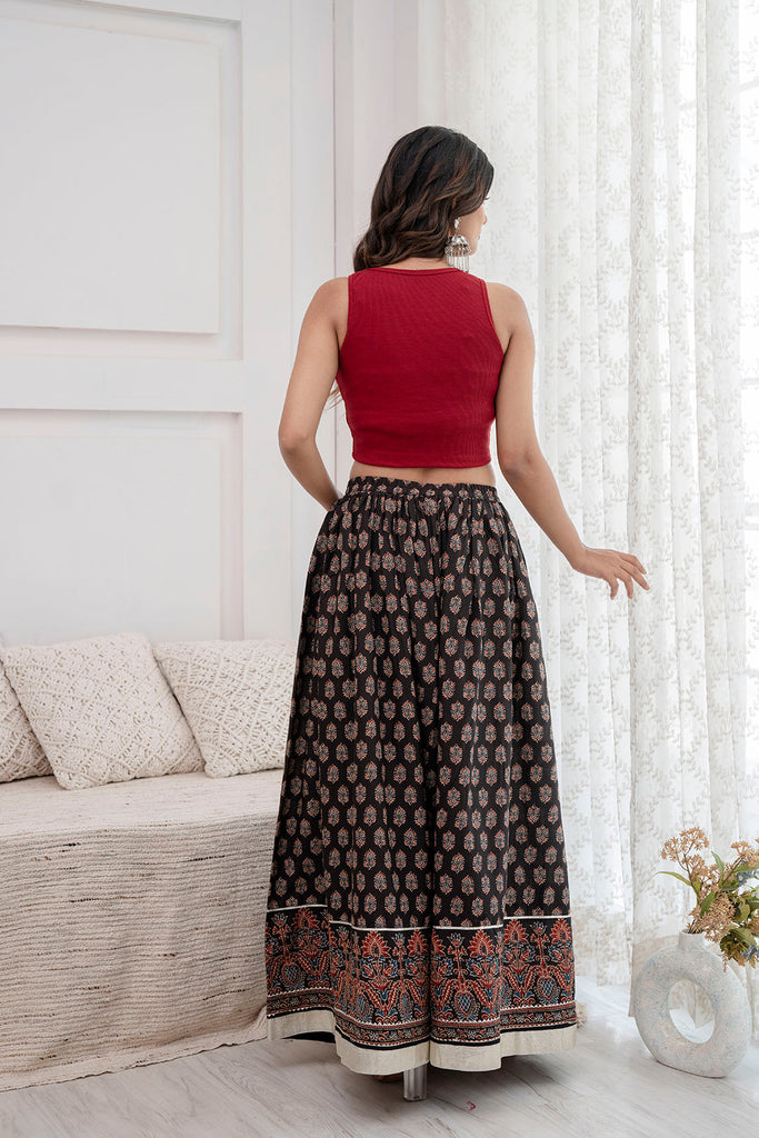 Women's Black Ethnic Printed Gotta Patti Work Skirt