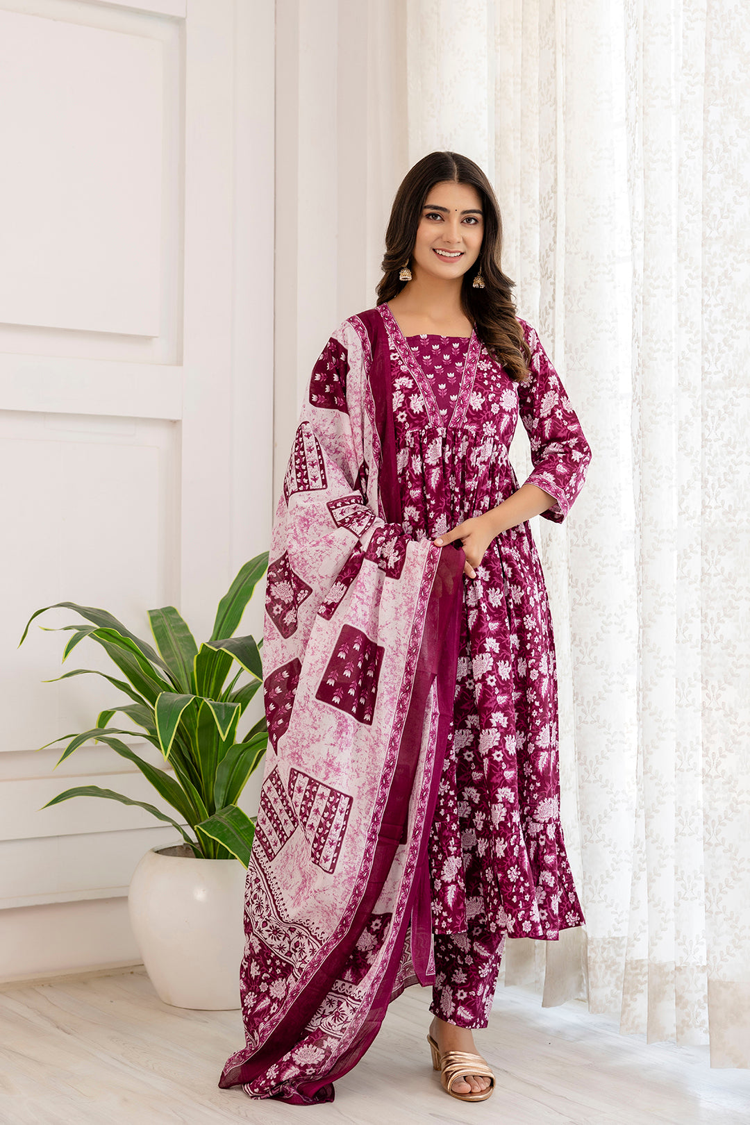 Women's Purple Ethnic Printed Anarkali Kurta And Trouser With Dupatta - Taantav