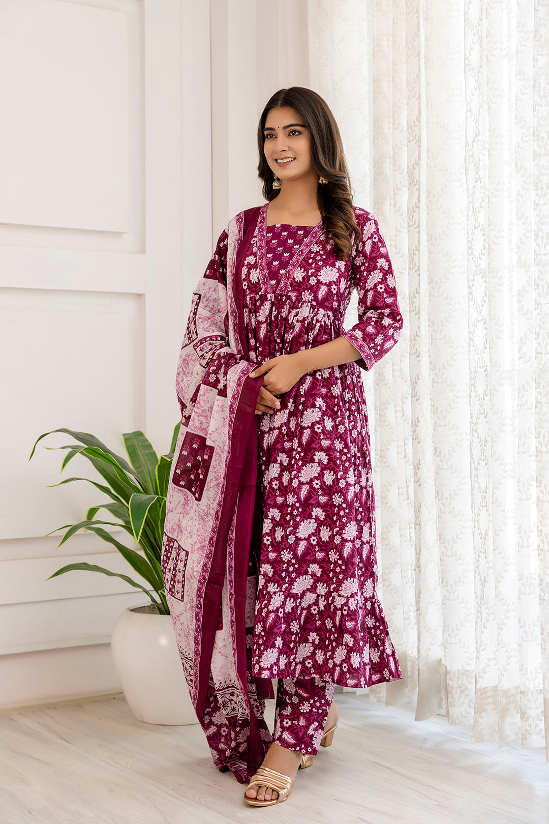 Women's Purple Ethnic Printed Anarkali Kurta And Trouser With Dupatta - Taantav