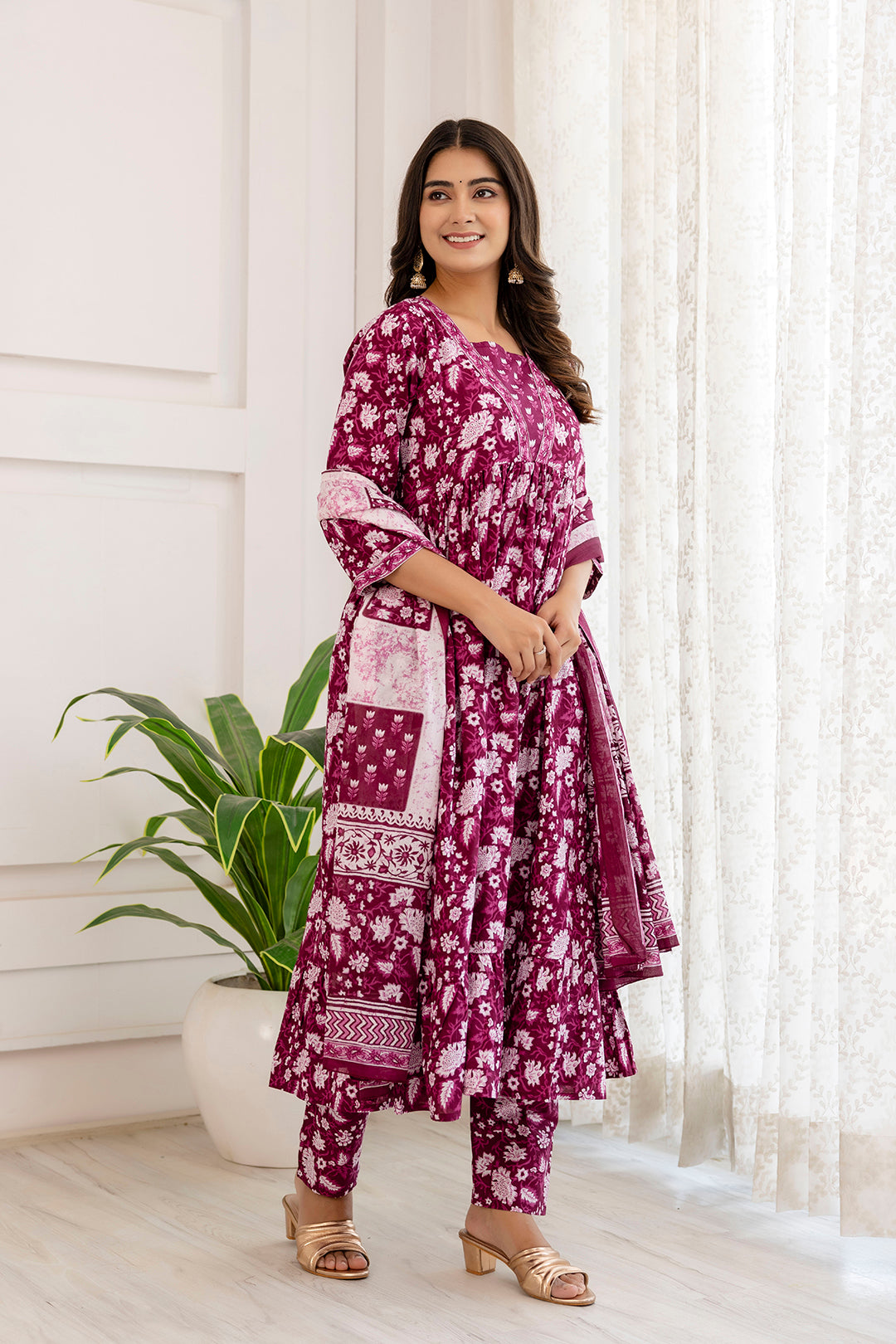 Women's Purple Ethnic Printed Anarkali Kurta And Trouser With Dupatta - Taantav