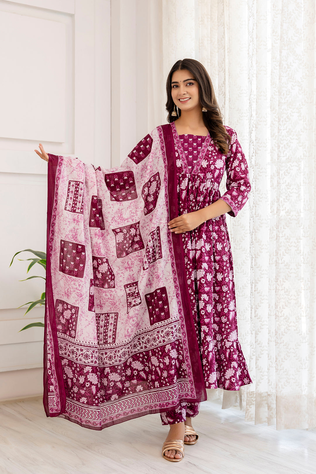 Women's Purple Ethnic Printed Anarkali Kurta And Trouser With Dupatta - Taantav