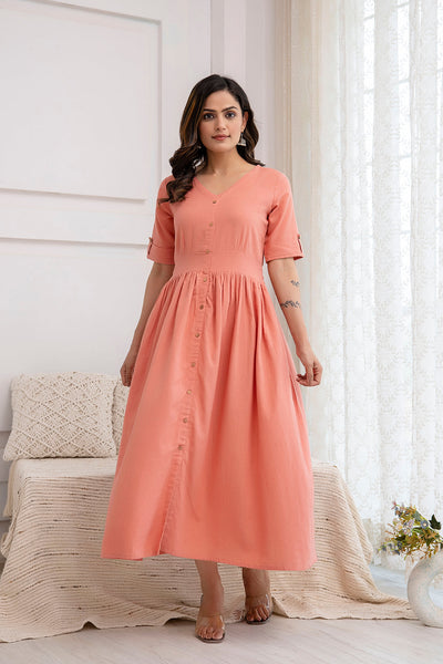Women's Peach Cotton Solid Dress Peach / S