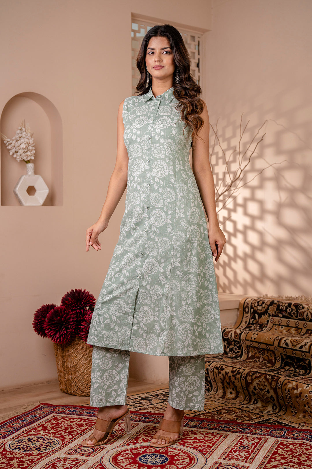 Women's Green Printed A-Line Kurta With Trouser - Taantav