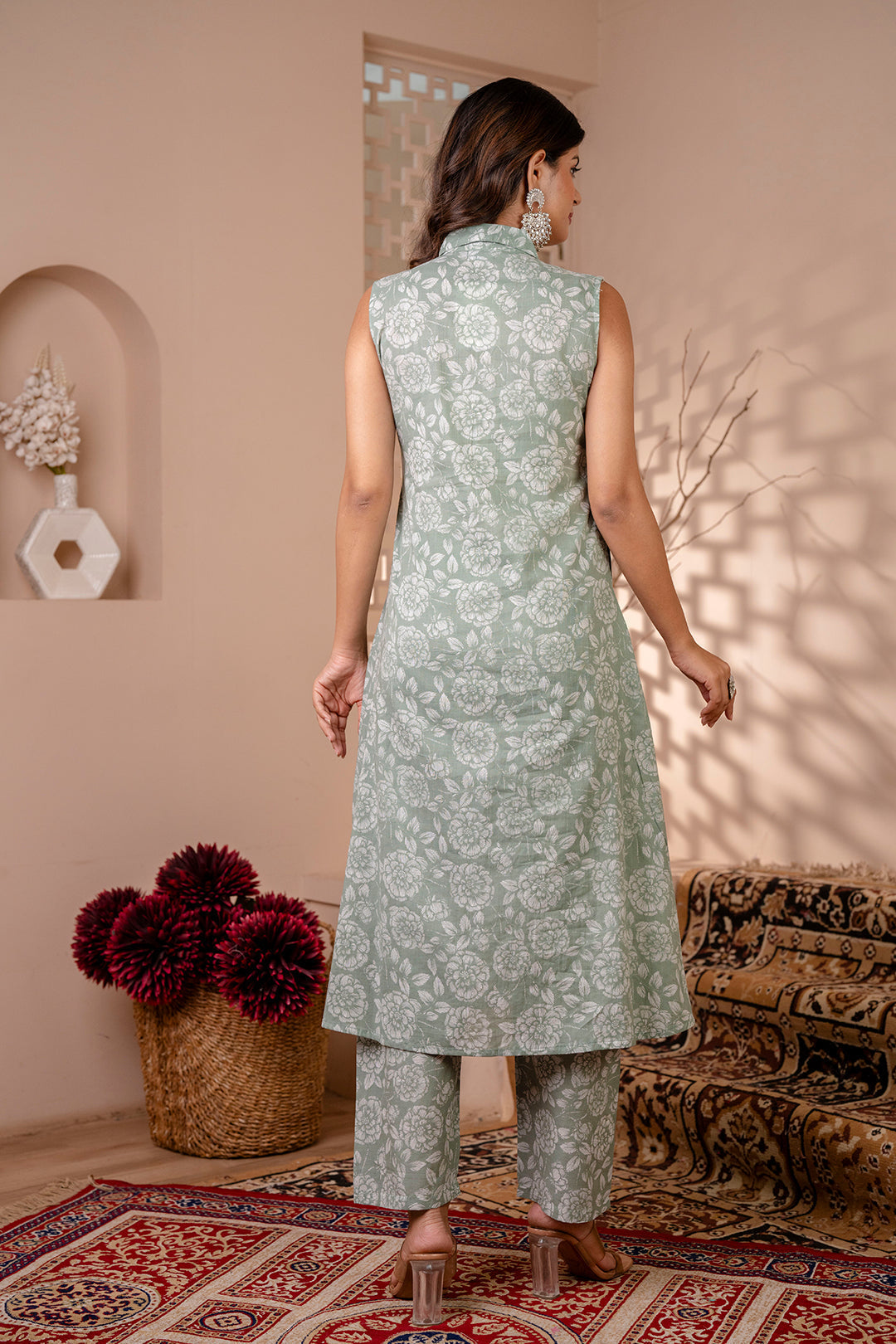 Women's Green Printed A-Line Kurta With Trouser - Taantav