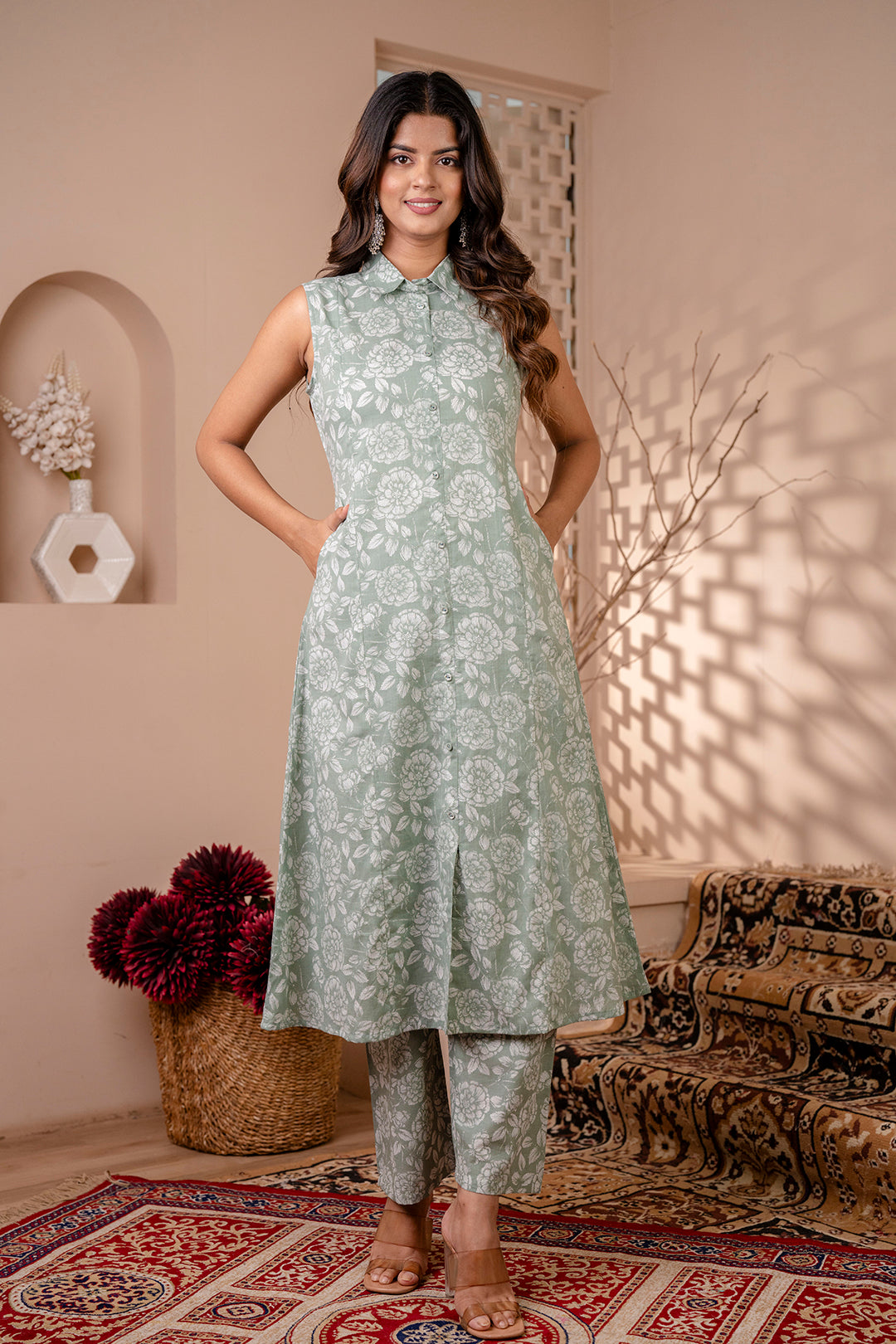 Women's Green Printed A-Line Kurta With Trouser - Taantav