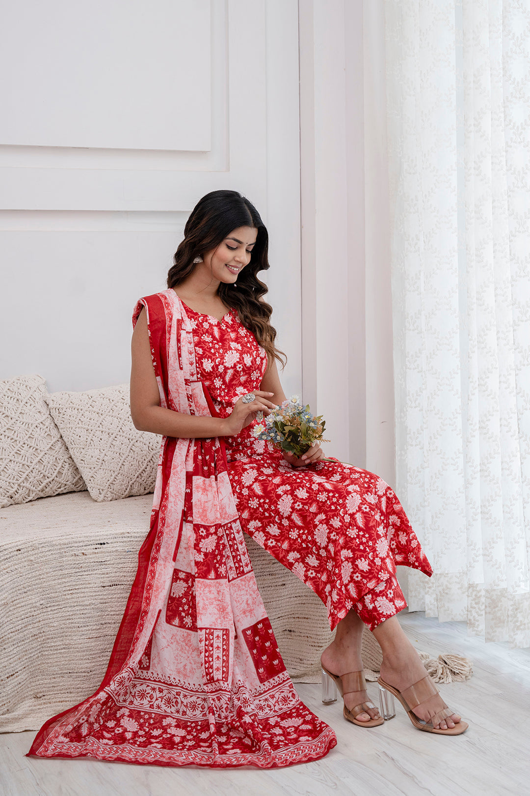 Women's Red Printed Kurta With Trouser and Dupatta - Taantav