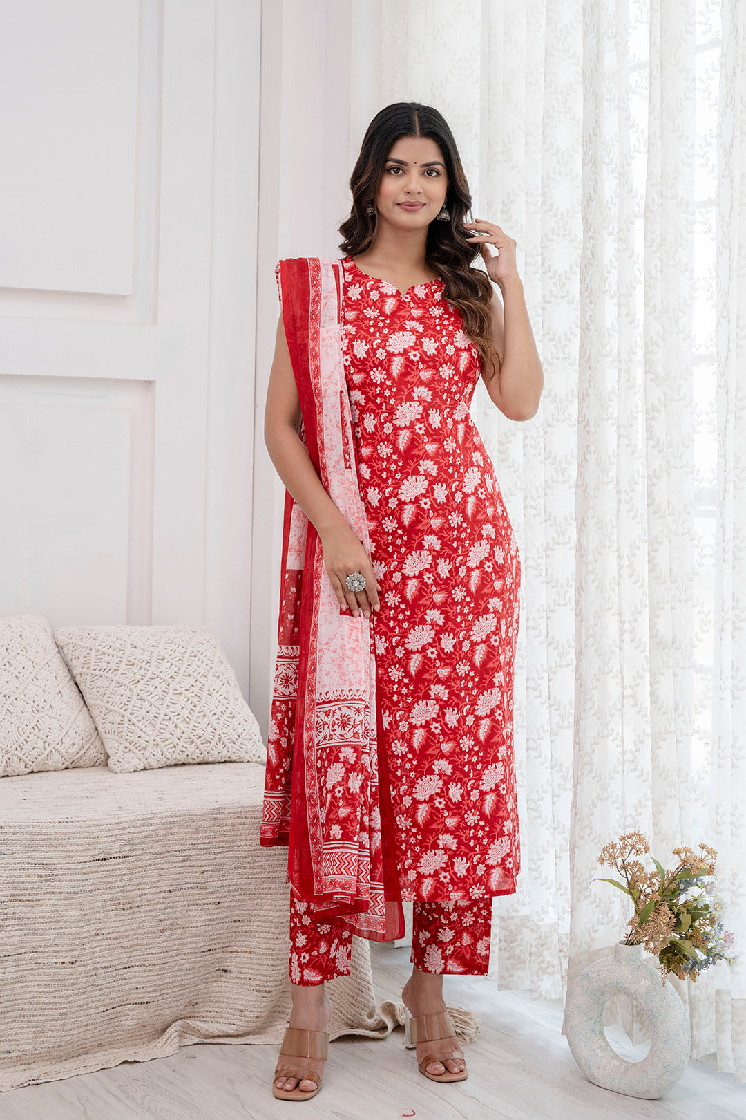 Women's Red Printed Kurta With Trouser and Dupatta - Taantav