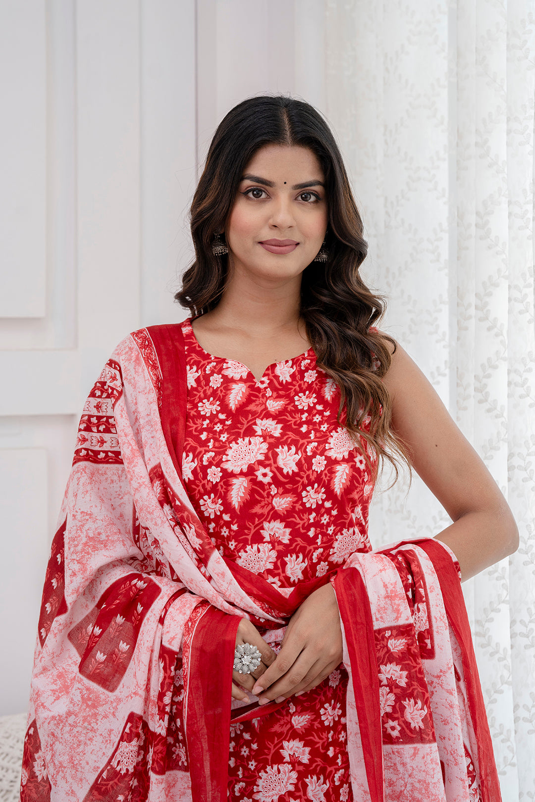 Women's Red Printed Kurta With Trouser and Dupatta - Taantav