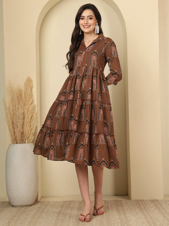 Women's Brown Cotton Colourblocked Dress