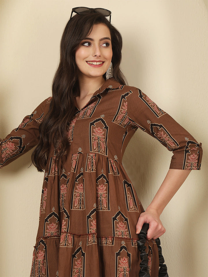 Women's Brown Cotton Colourblocked Dress