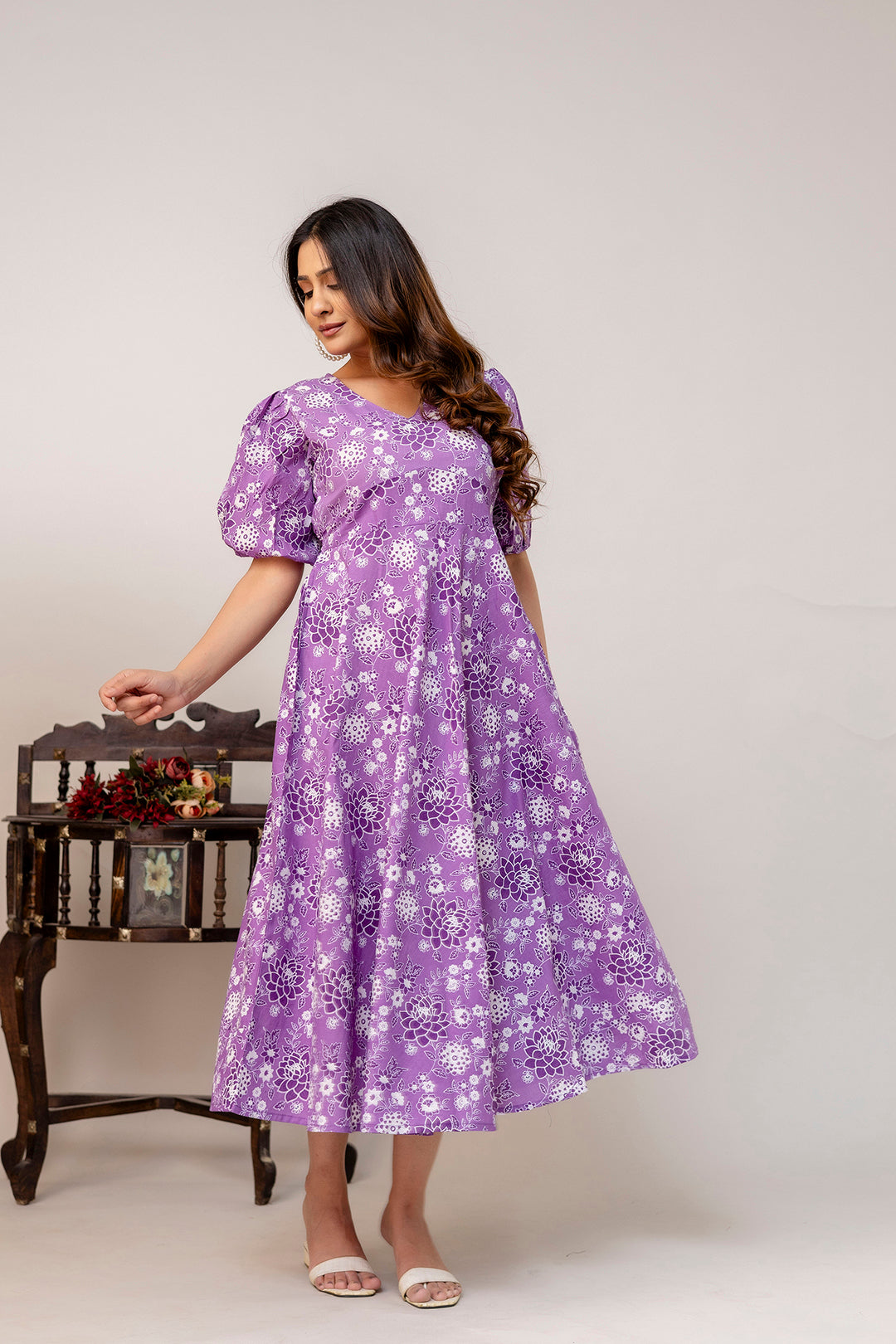 purple cotton dresses Purple Cotton Poplin Midi Off-Shoulder Dress 52" / Custom Height (Free)