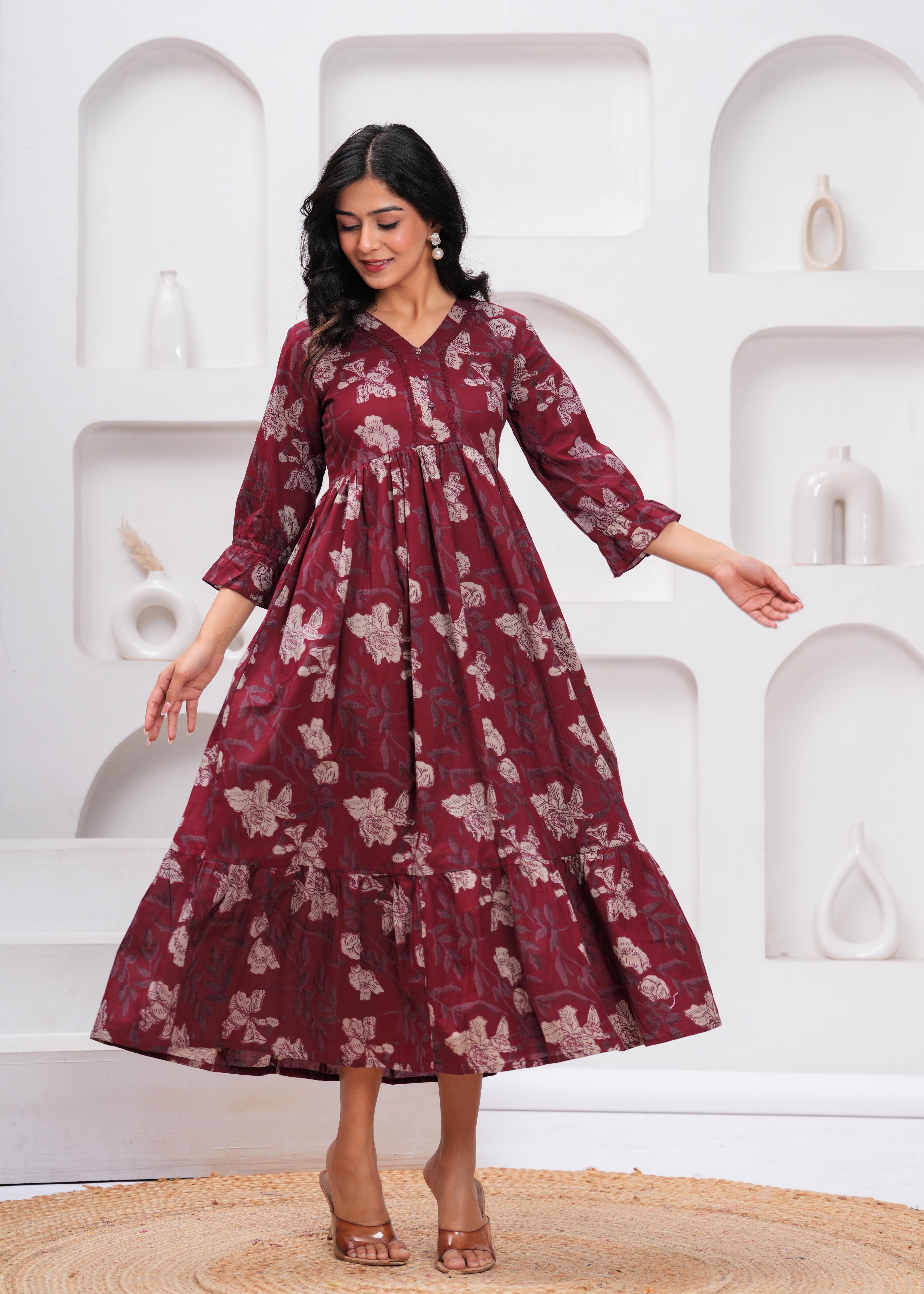 Women's Burgundy Cotton Floral Dress Trendia Women's Burgundy Cotton Floral Dress Trendia