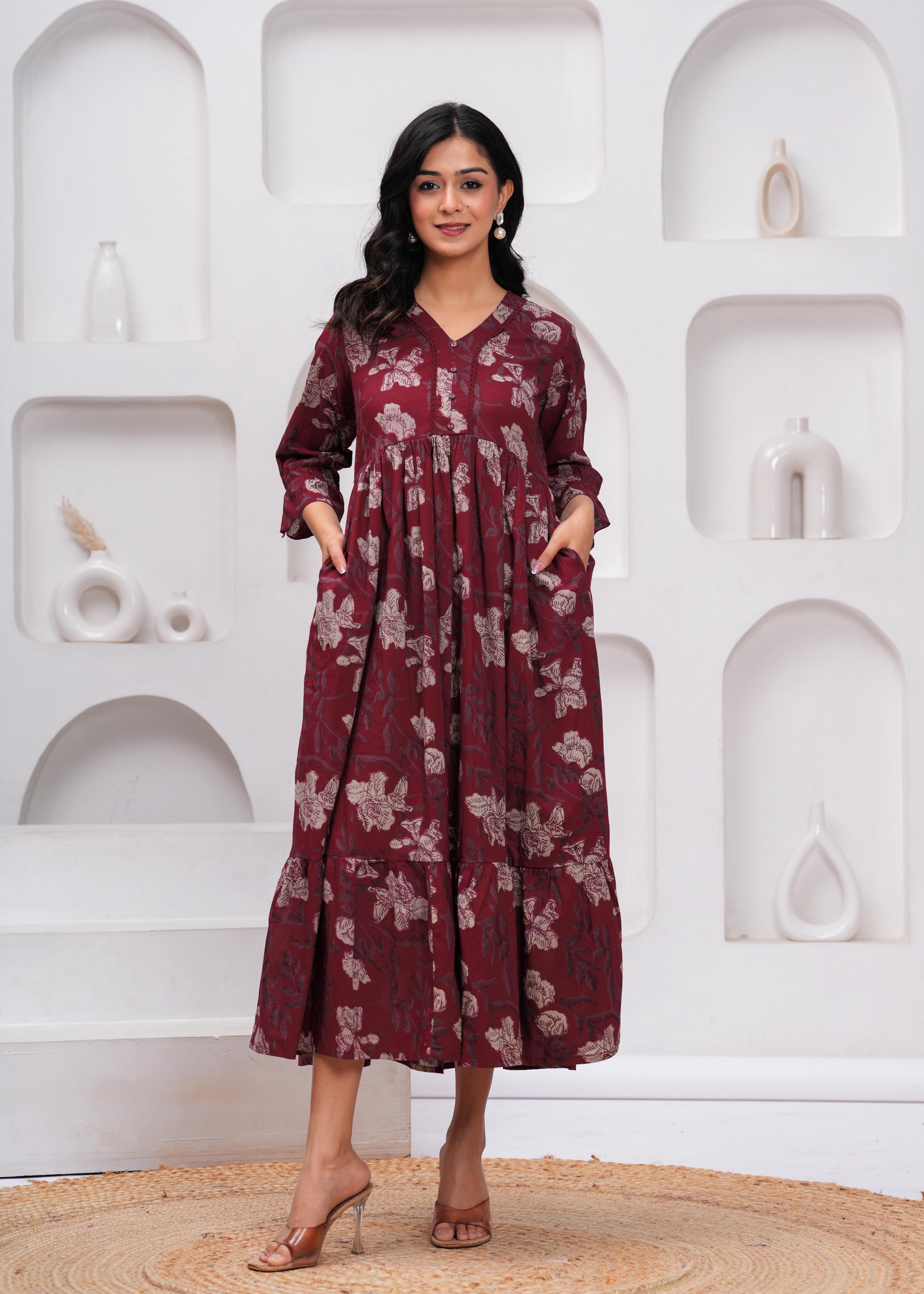 womens burgundy floral dress Burgundy Floral Print Cowl Neck Midi Dress | Womens | X-Small (Available in M, L) | 100% Polyester | Lulus