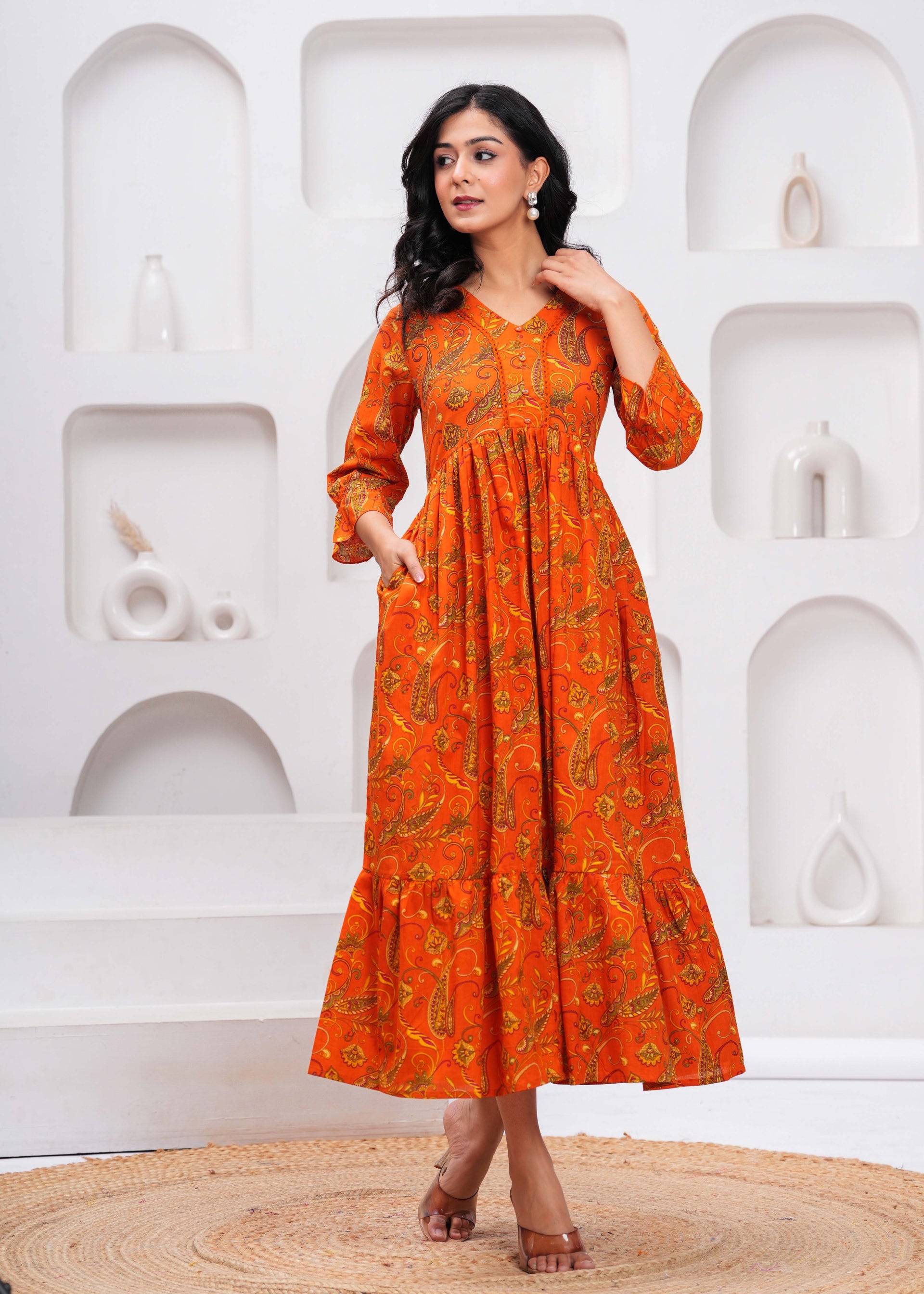Women's Orange Cotton Floral Dress Orange / S