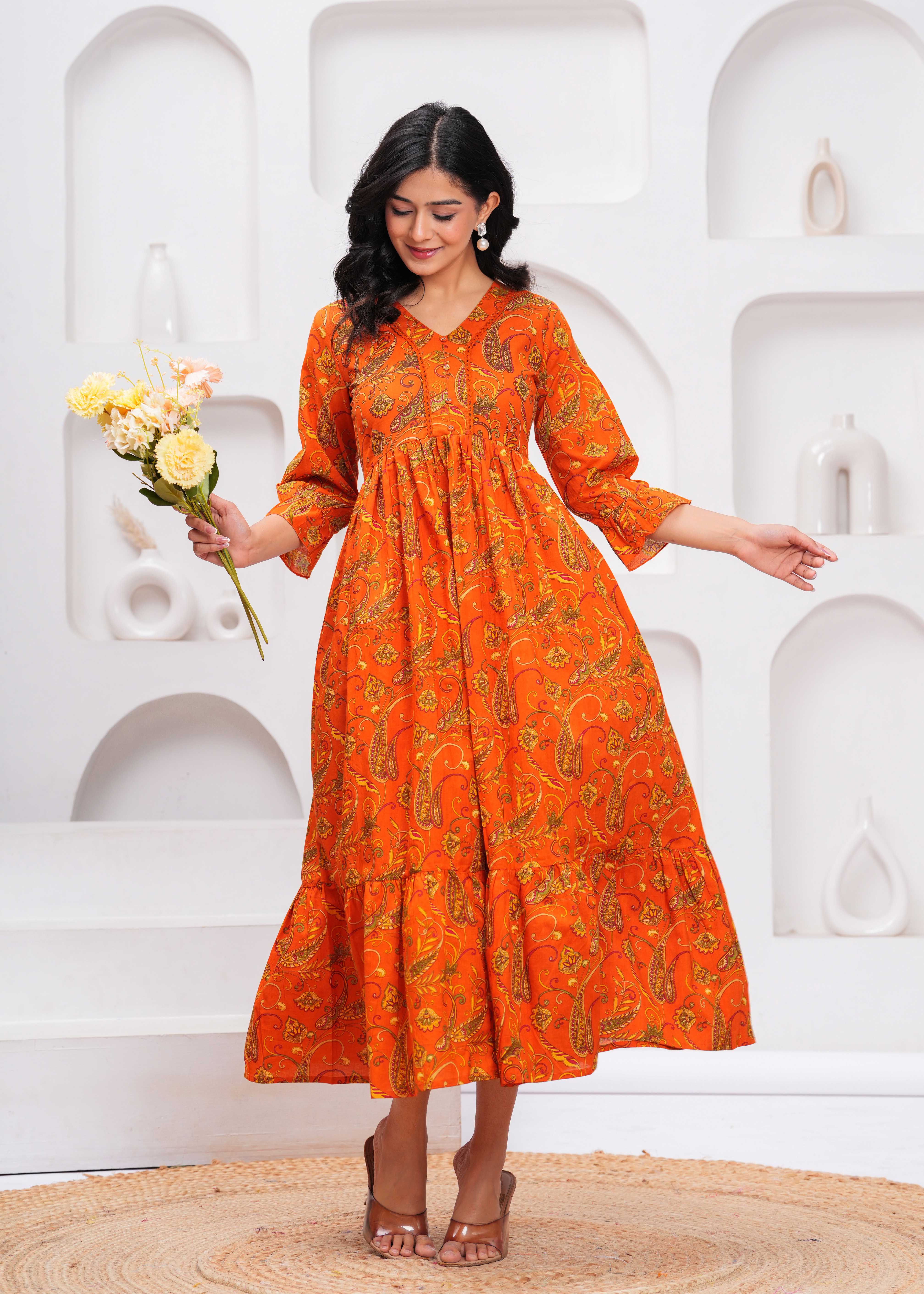 Women's Orange Cotton Floral Dress Orange / S