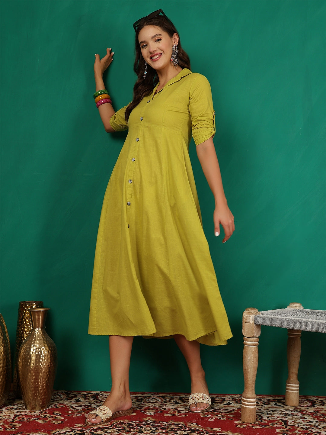 Women's Green Cotton Solid Dress Trendia Women's Green Cotton Solid Dress Trendia