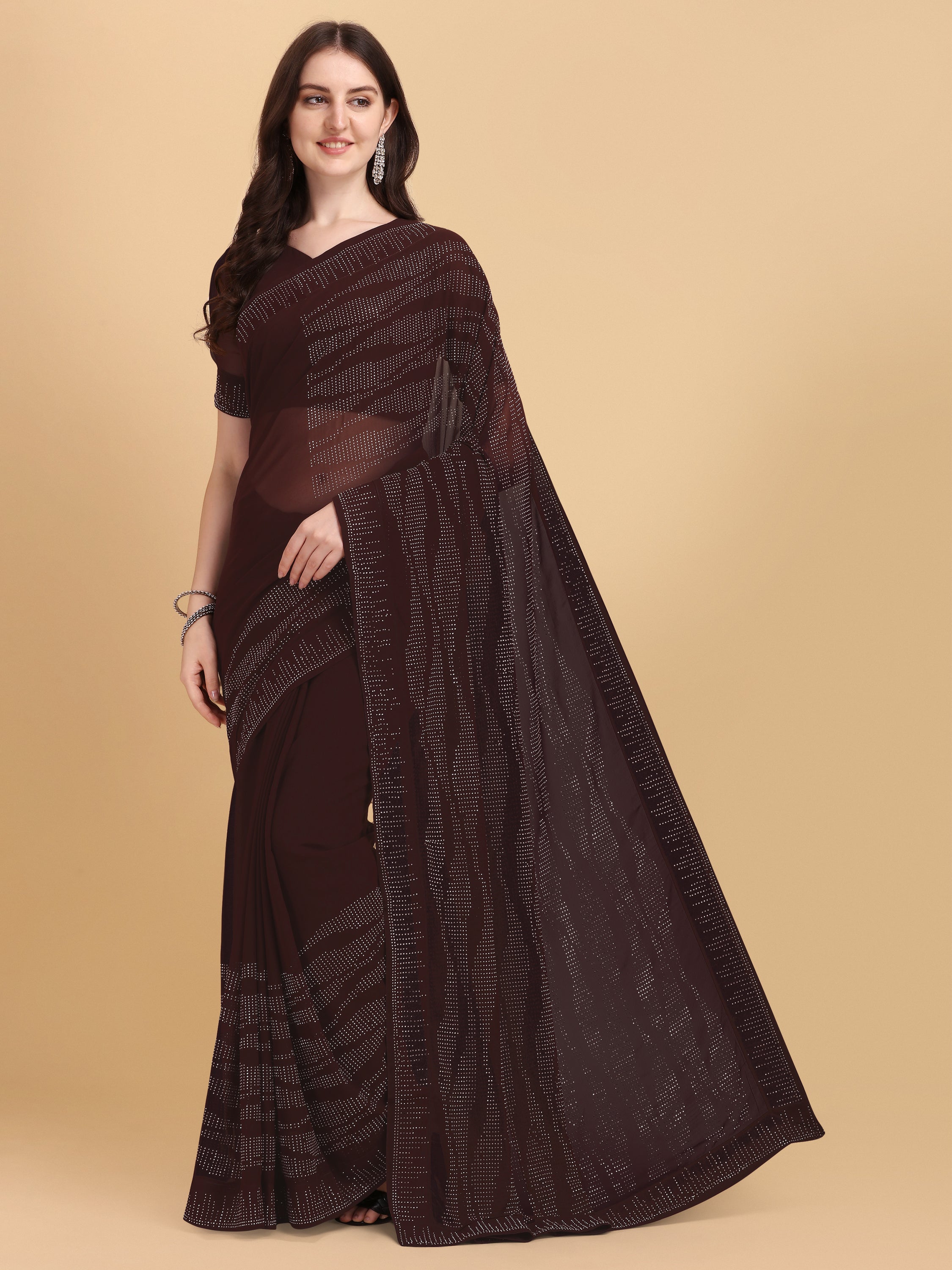 Women's Emblishment Occasion Wear Georgette Saree With Blouse Piece (Coffee Brown) - NIMIDHYA