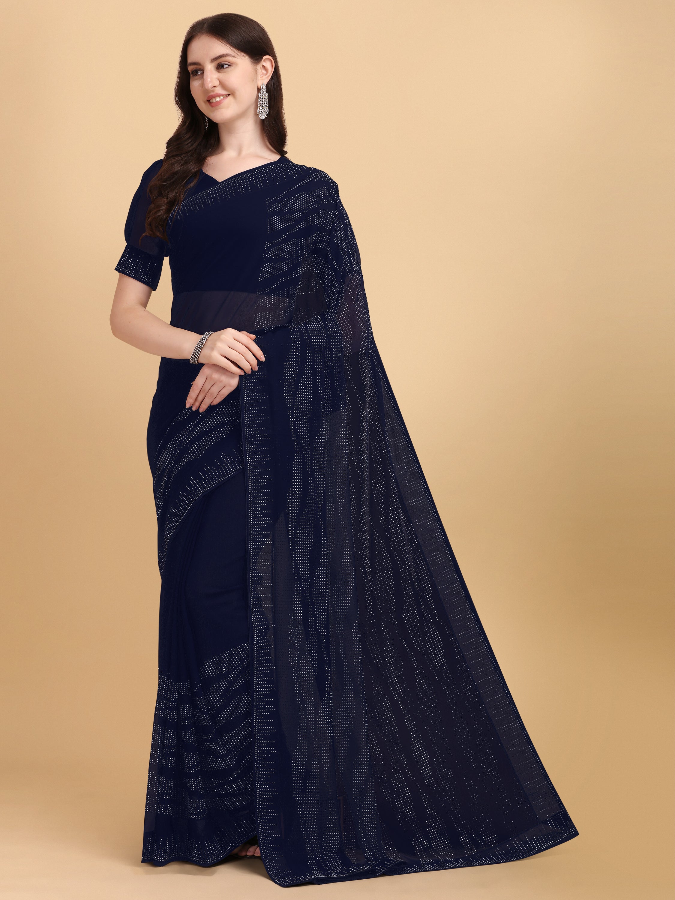 Women's Emblishment Occasion Wear Georgette Saree With Blouse Piece (Navy Blue) - NIMIDHYA