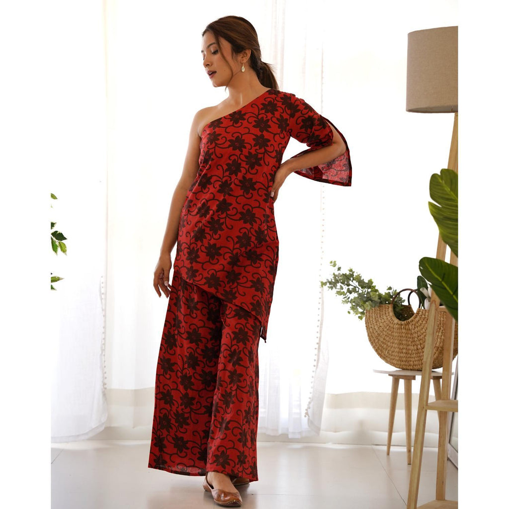 Women's Red One Shoulder Kurta Palazzo Set