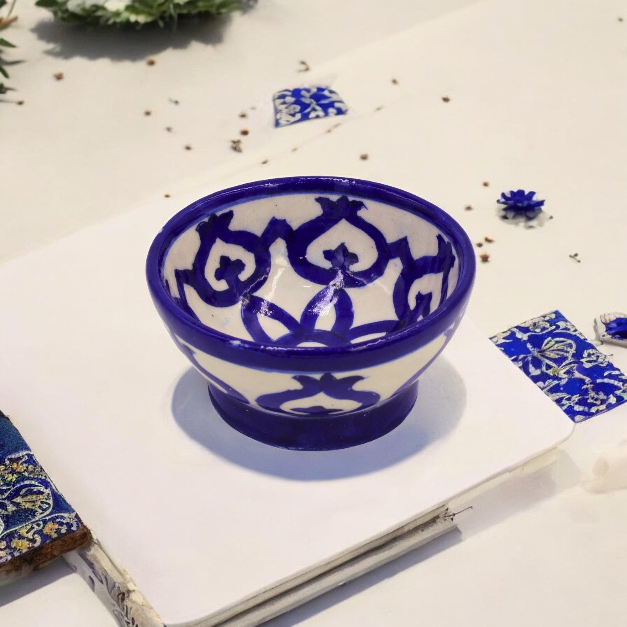 Hand-Painted  Blue Pottery Round Bowl