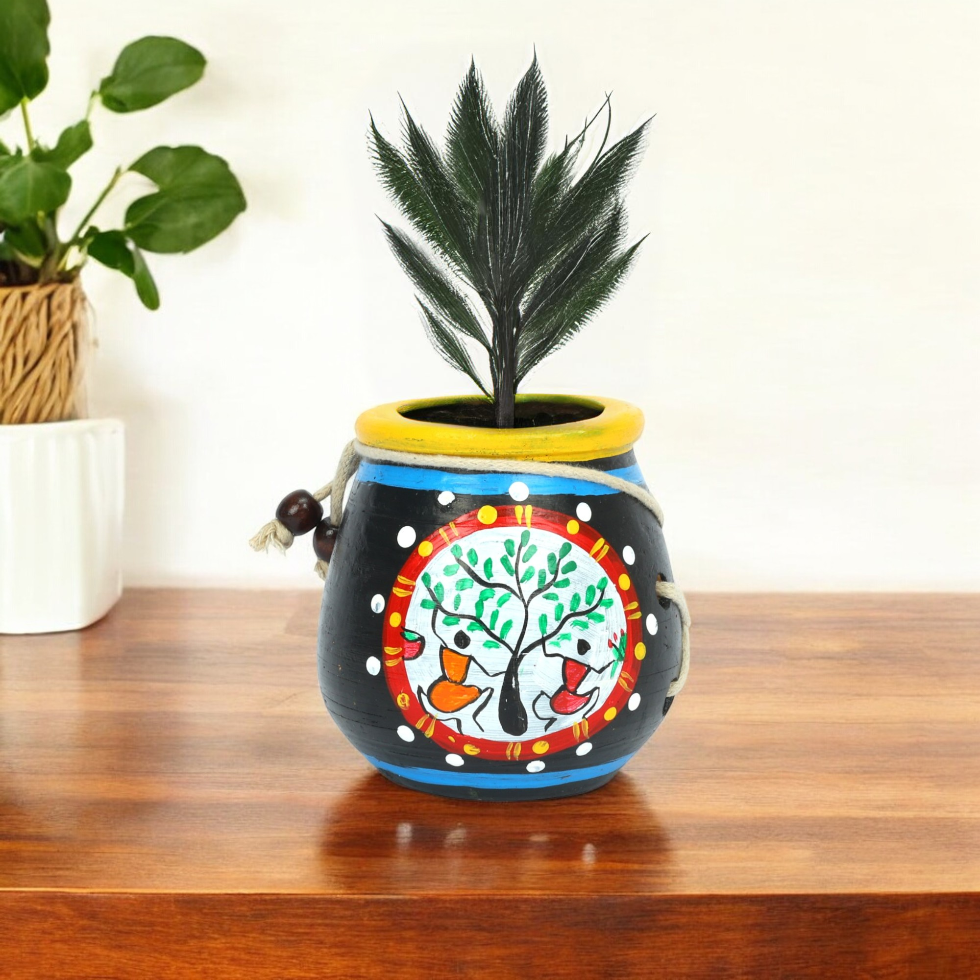 Handcrafted Black Terracotta Planter - Warli Hand Painting