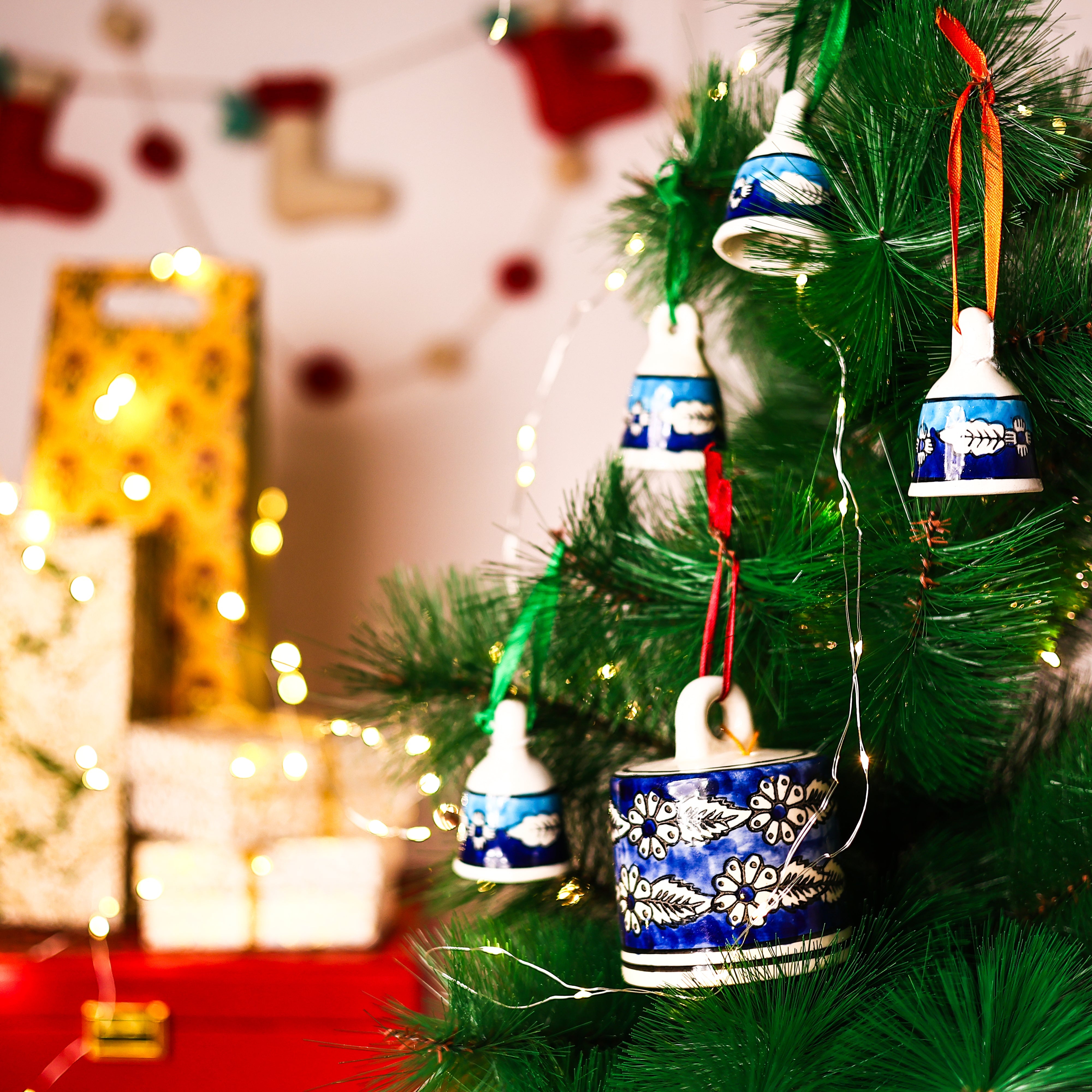 Handcrafted Blue Ceramic Cylindrical Hanging Bells