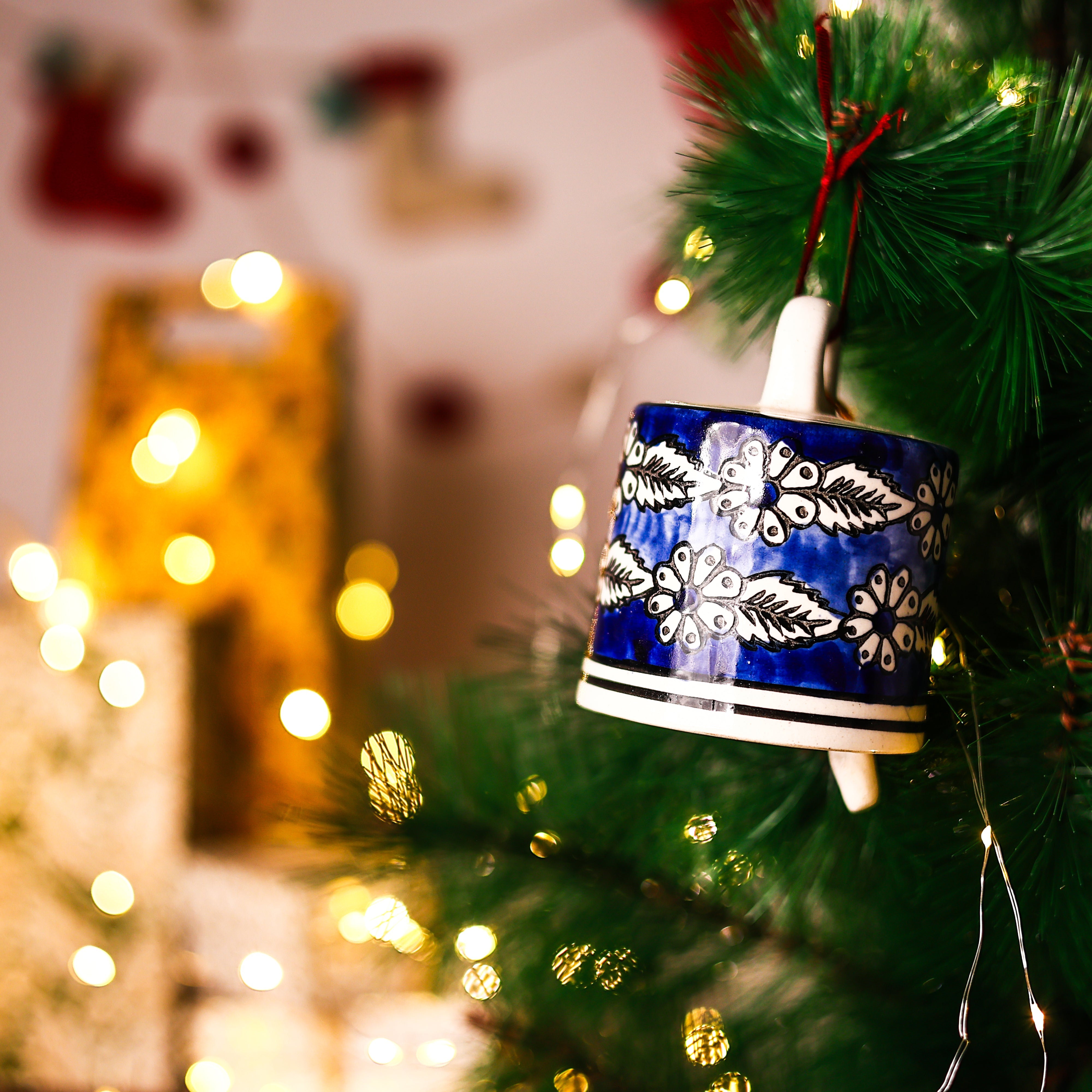 Handcrafted Ceramic Cylindrical Hanging Bell—Blue