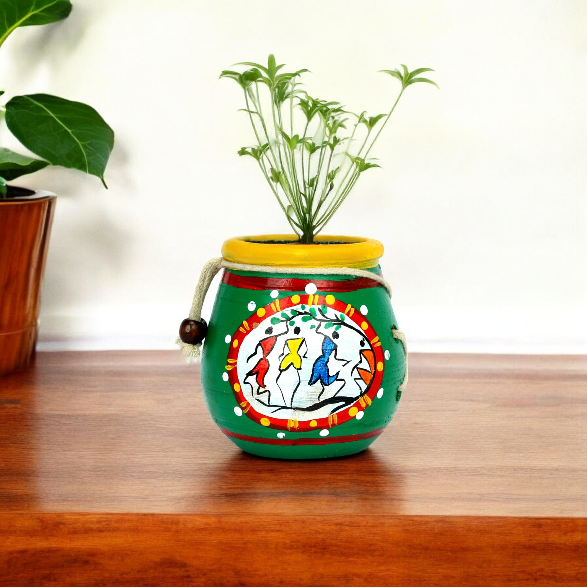 Handcrafted Green Terracotta Planter - Warli Hand Painting