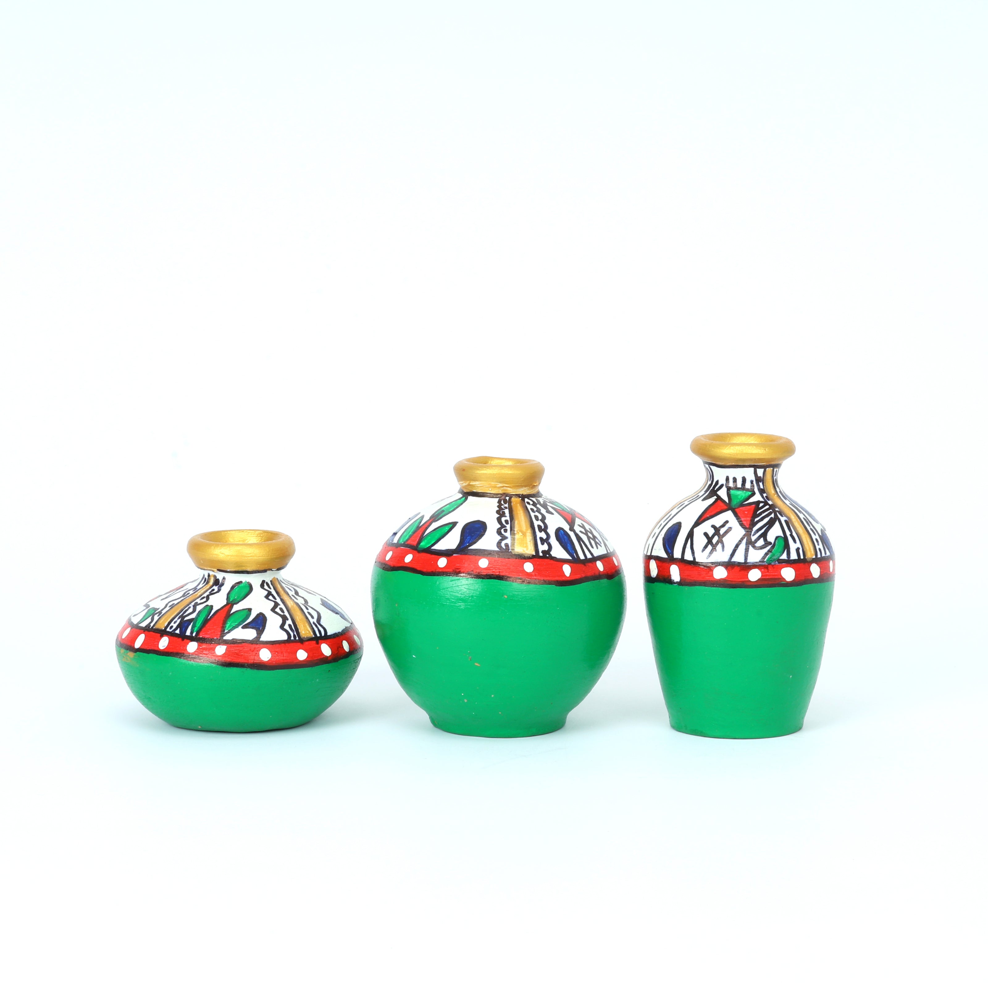 Handcrafted Green Terracotta Pots for Home Decor - Set of 3 - Warli Hand Painting