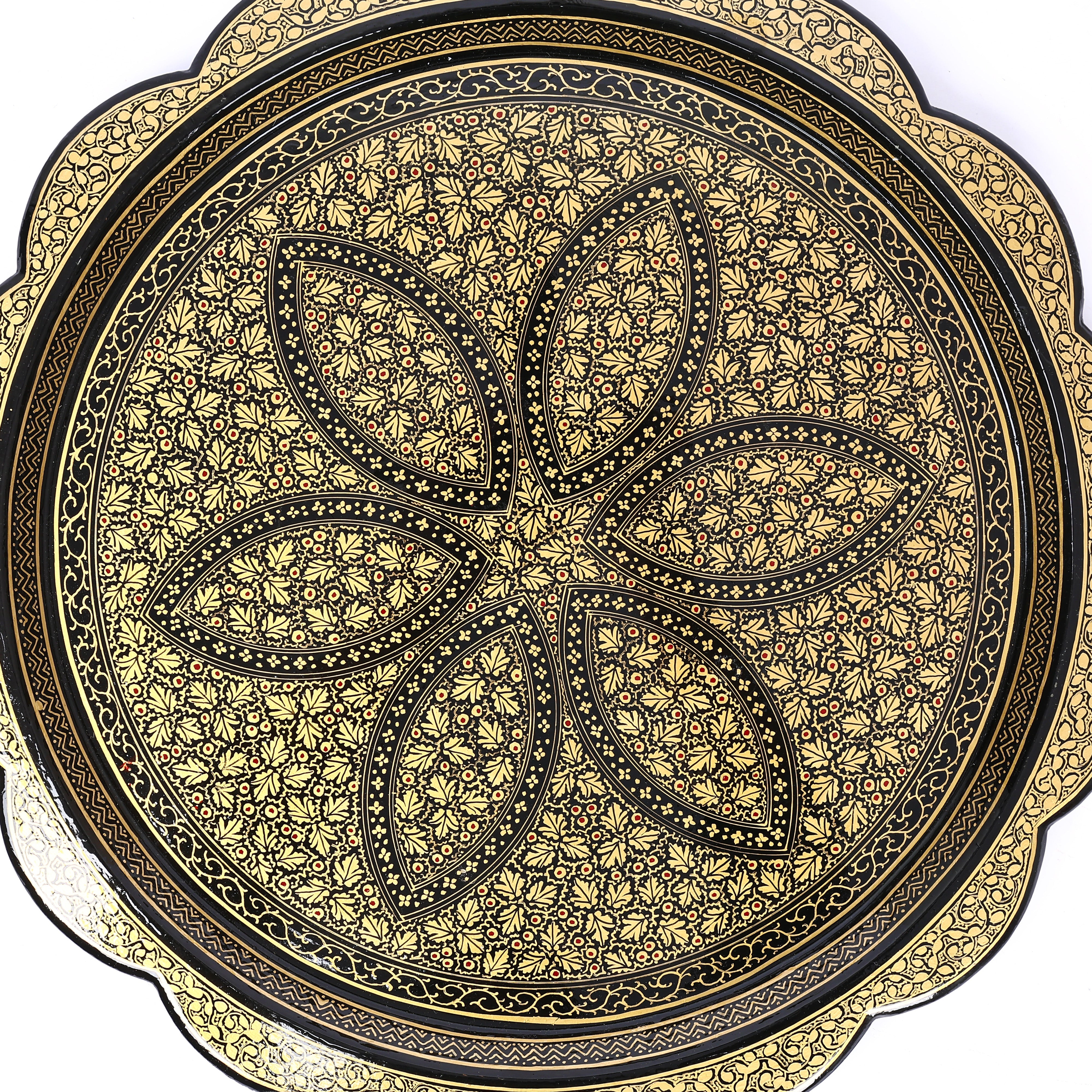 Handcrafted Kashmiri Paper Mache Black and Golden Round Tray—Chinar Leaf Patterns