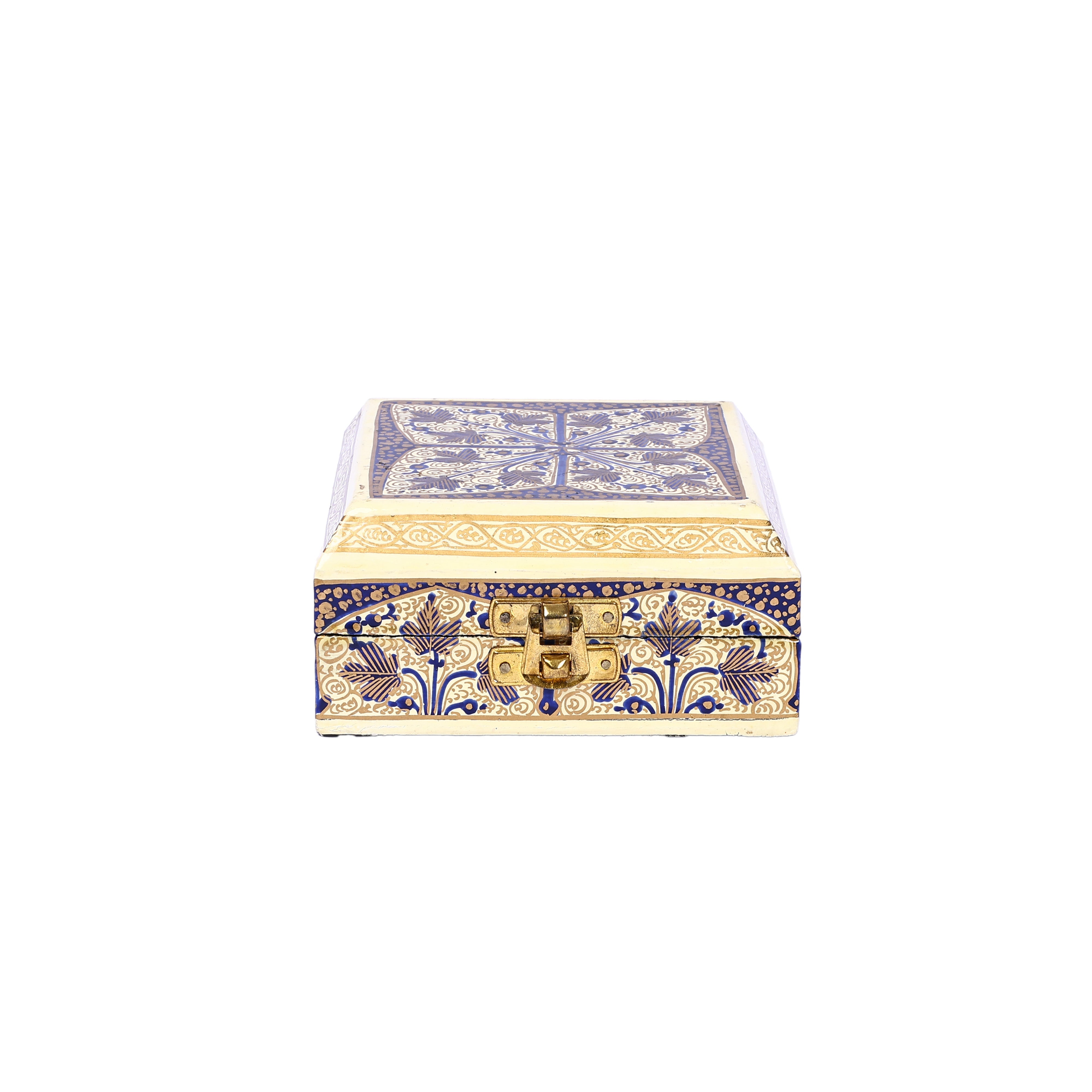 Handcrafted Kashmiri Paper Mache Multi-Storage Square Box—Blue and Pastel Yellow