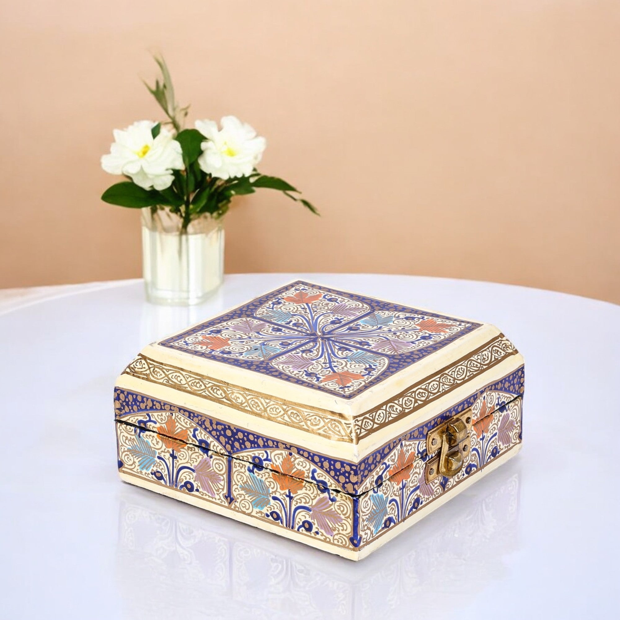 Handcrafted Kashmiri Paper Mache Multi-Storage Square Box—Multicolour