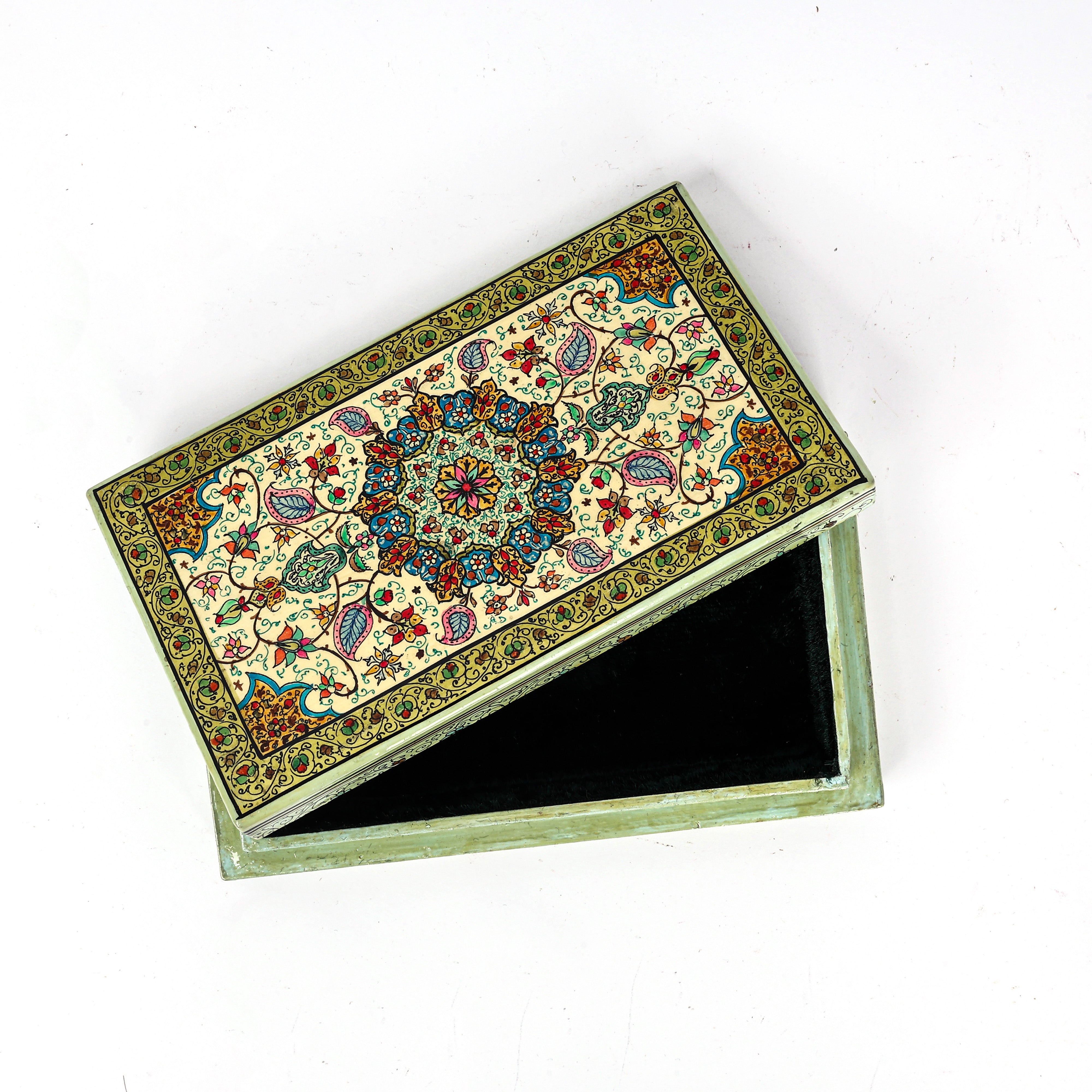Handcrafted Kashmiri Paper Mache Multi-Utility Rectangular Box— Light Green