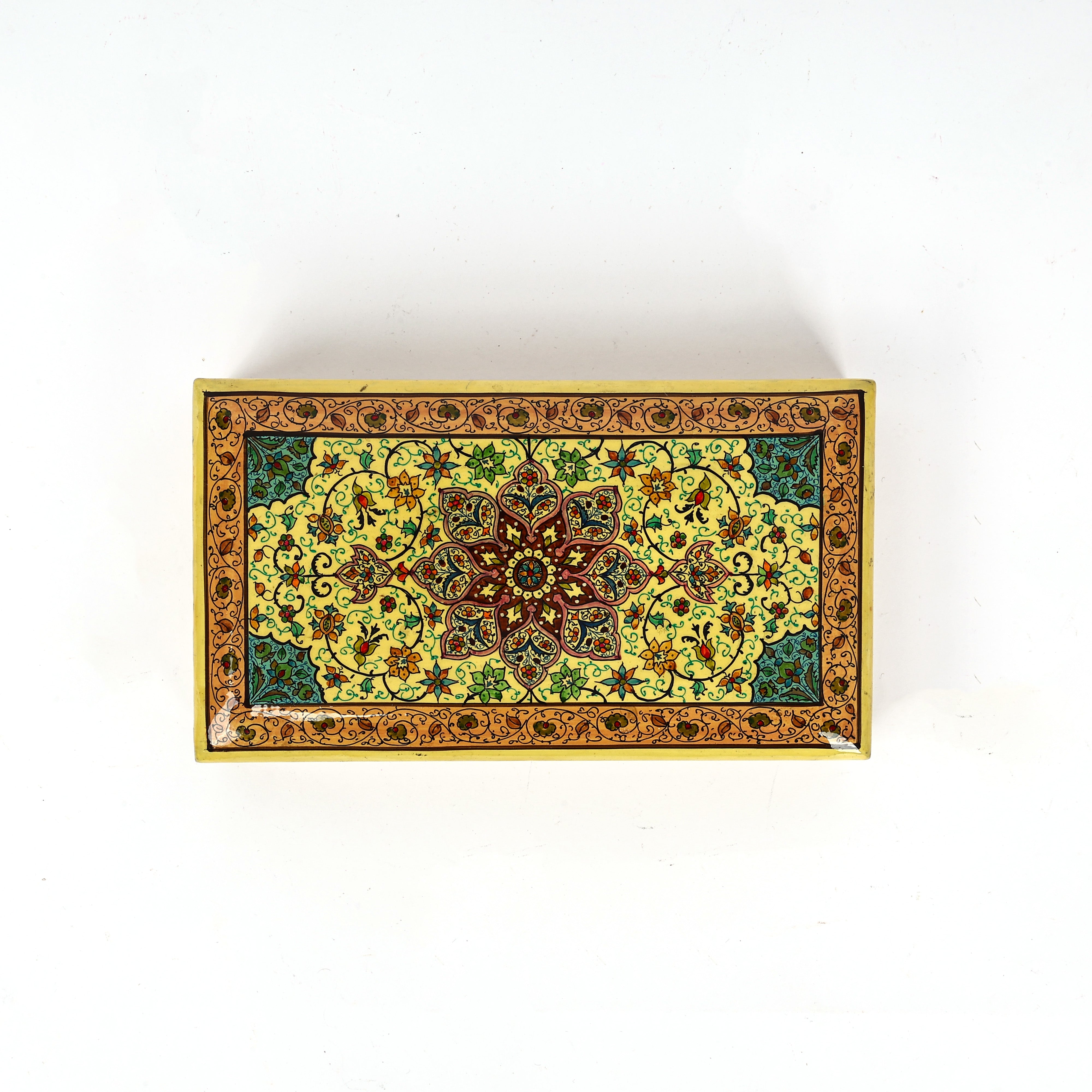 Handcrafted Kashmiri Paper Mache Multi-Utility Rectangular Box— Yellow