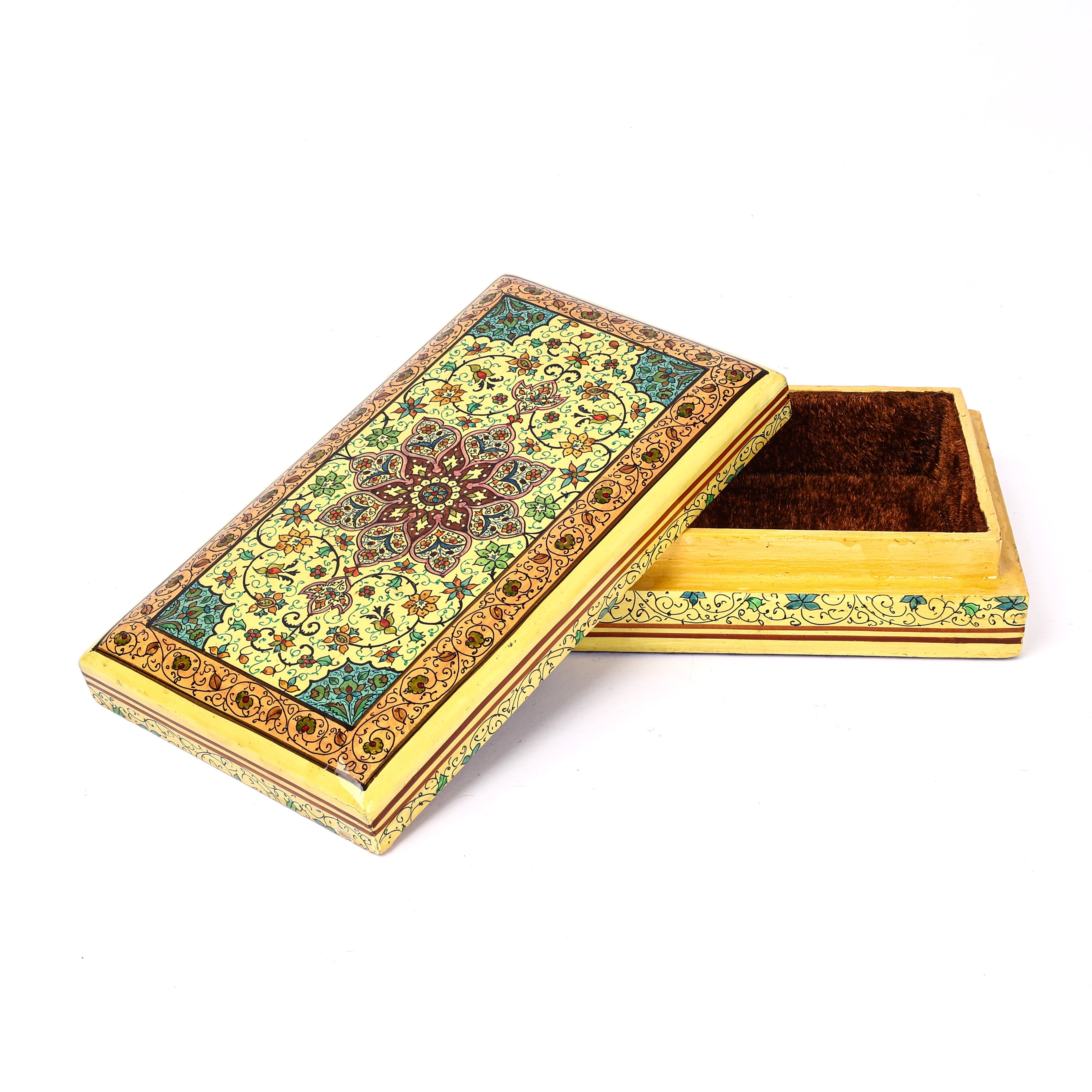 Handcrafted Kashmiri Paper Mache Multi-Utility Rectangular Box— Yellow