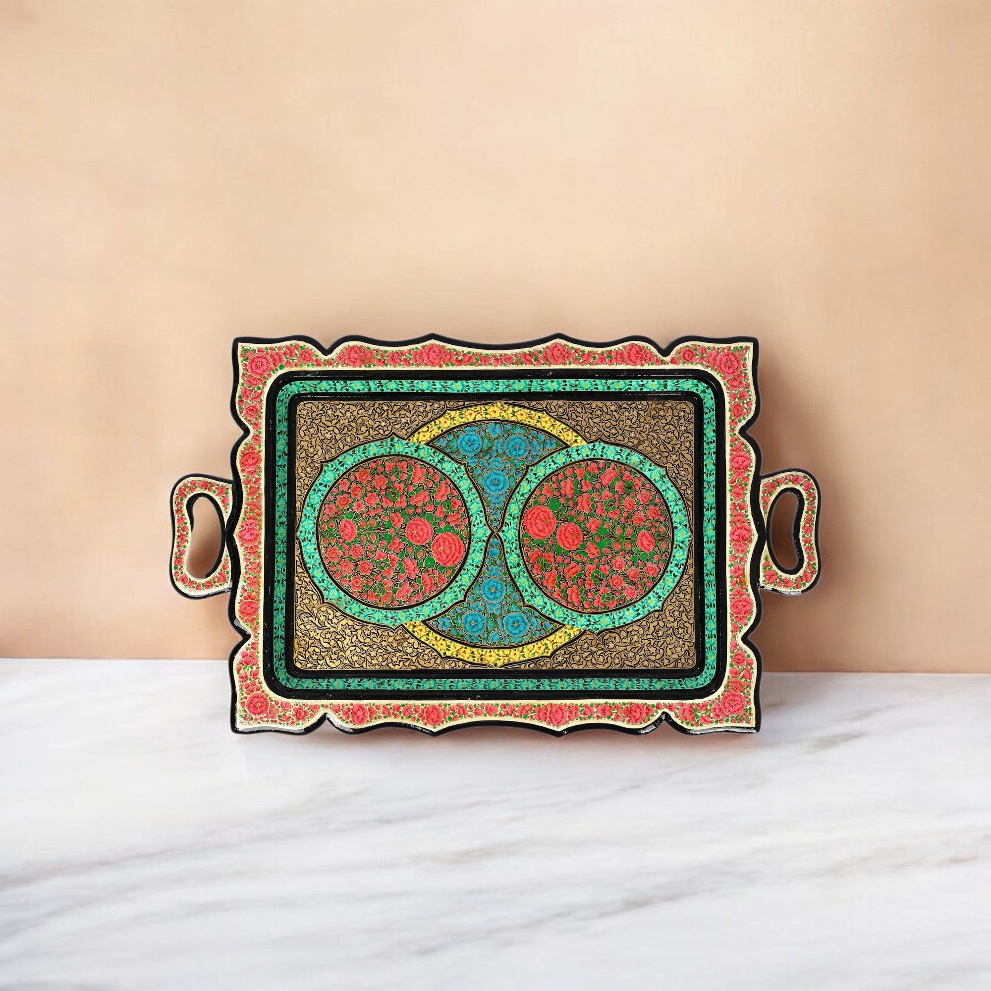 Handcrafted Kashmiri Paper Mache Rectangular Tray—Multicolour