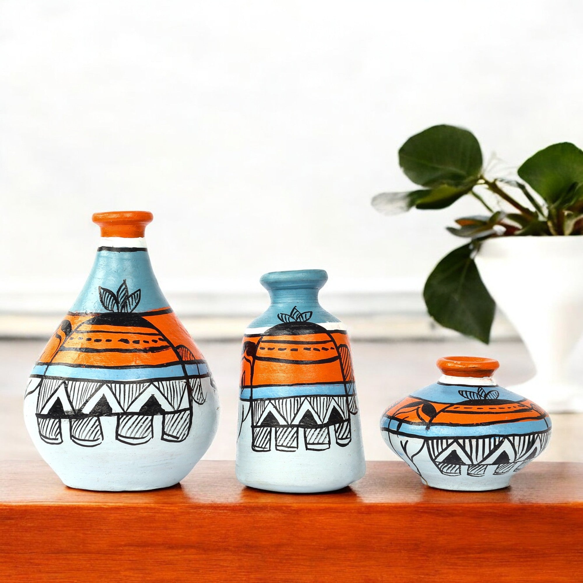 Handcrafted Multicolour Terracotta Pots for Home Decor - Set of 3 - Madhubani Hand Painting