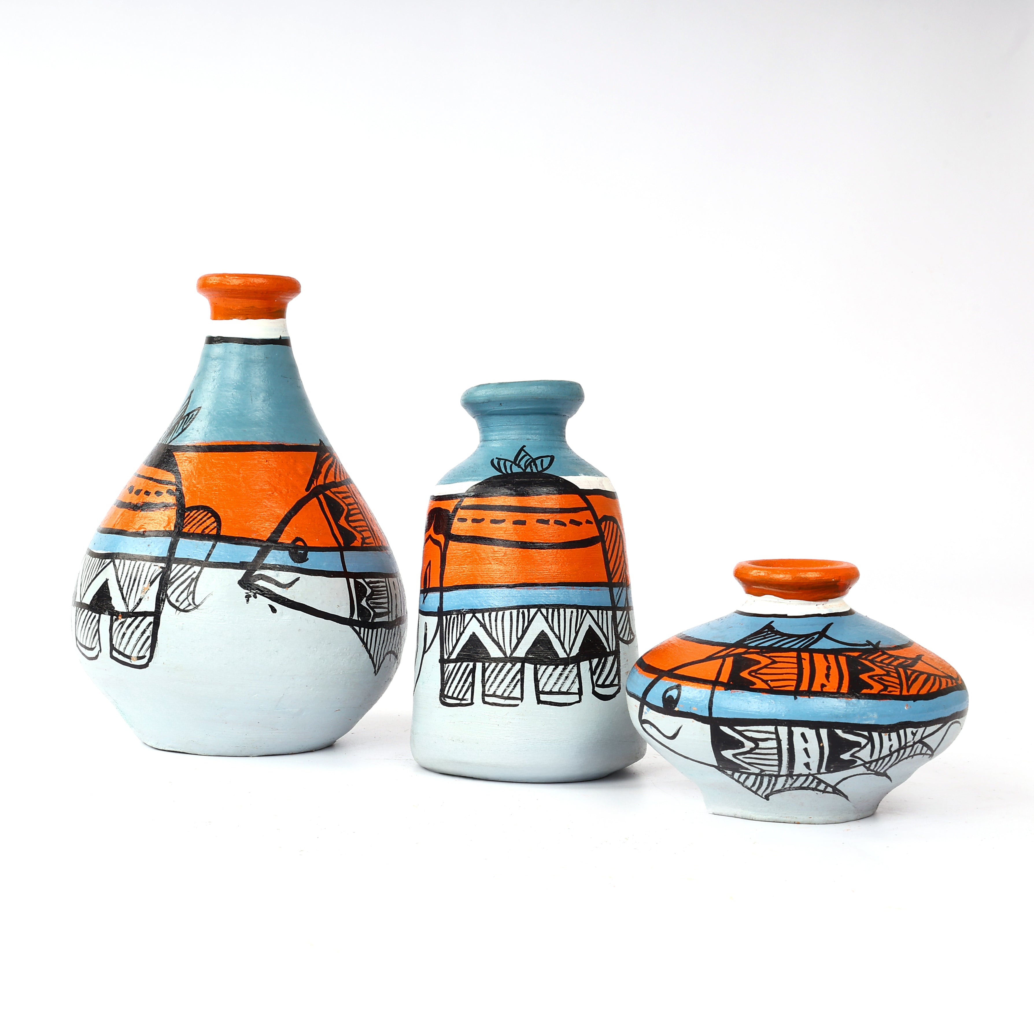 Handcrafted Multicolour Terracotta Pots for Home Decor - Set of 3 - Madhubani Hand Painting
