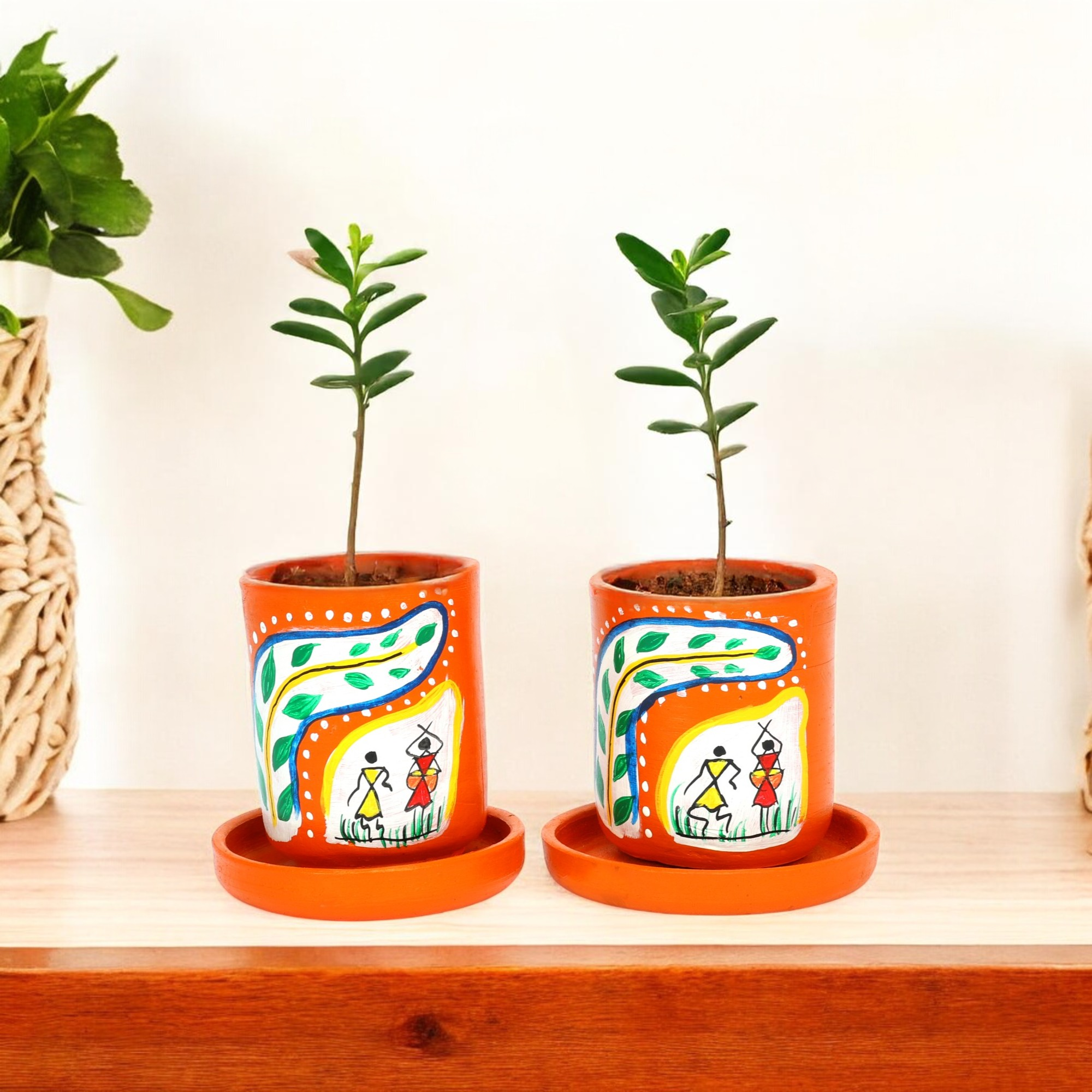 Handcrafted Orange Terracotta Planters - Set of 2 - Warli Hand Painting