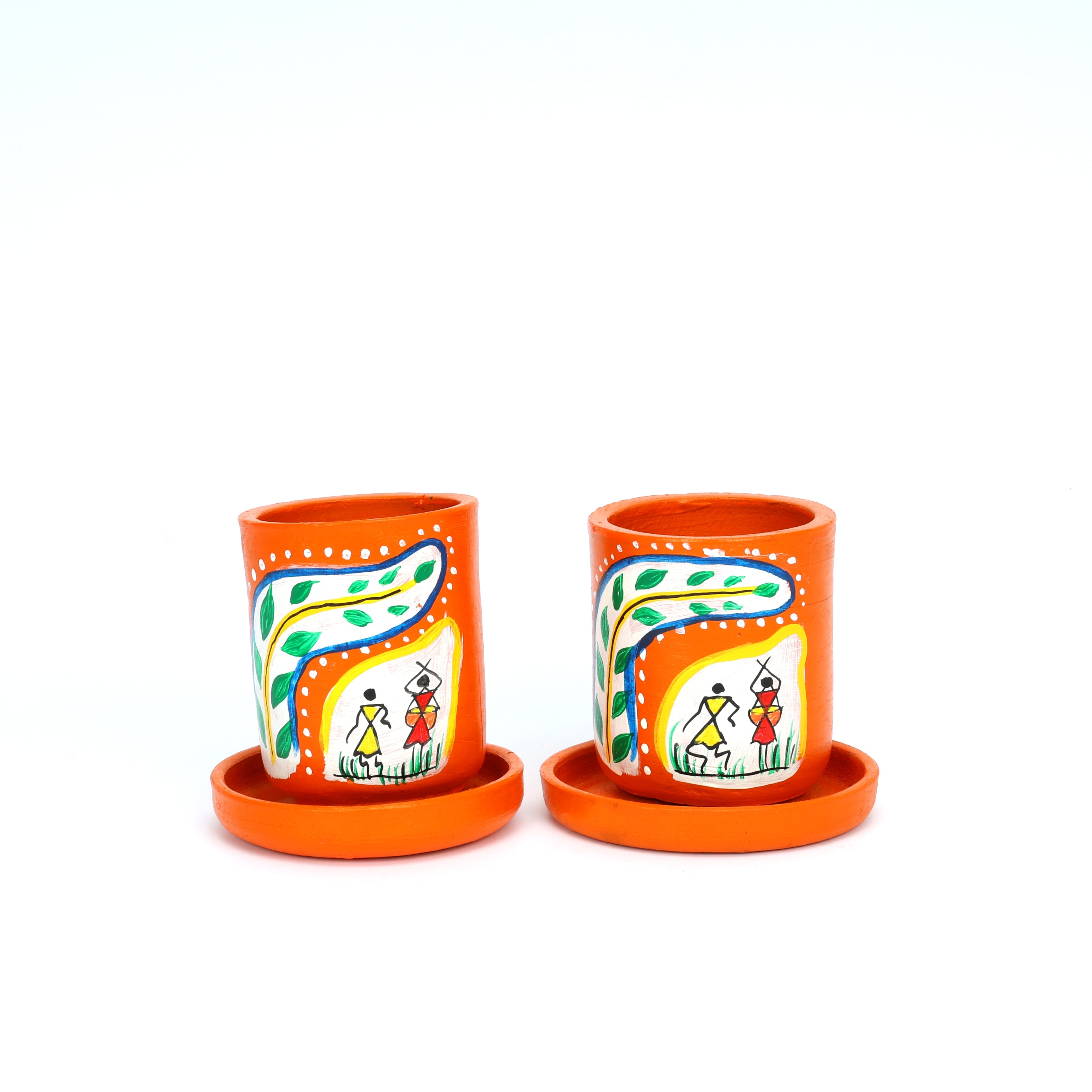 Handcrafted Orange Terracotta Planters - Set of 2 - Warli Hand Painting