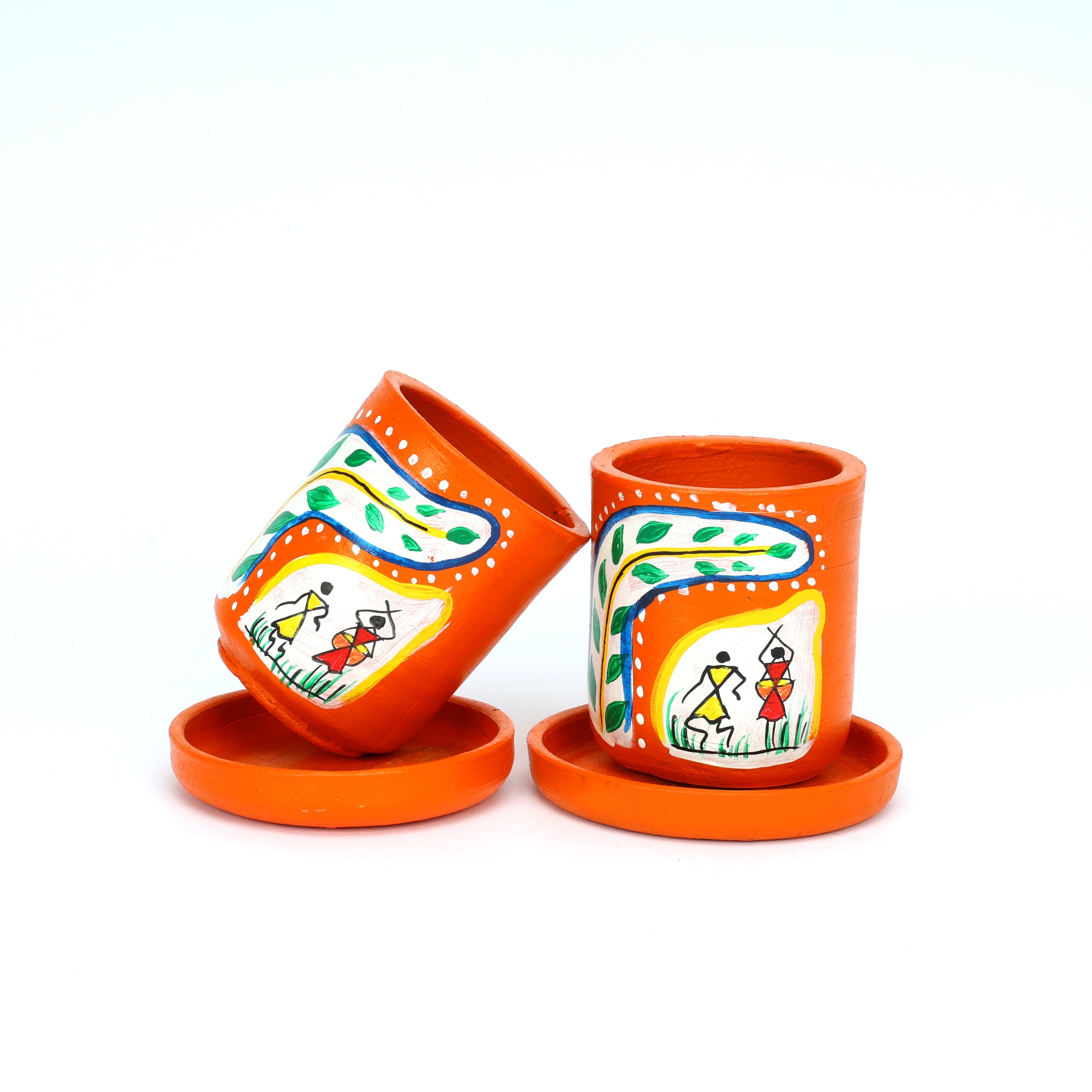 Handcrafted Orange Terracotta Planters - Set of 2 - Warli Hand Painting