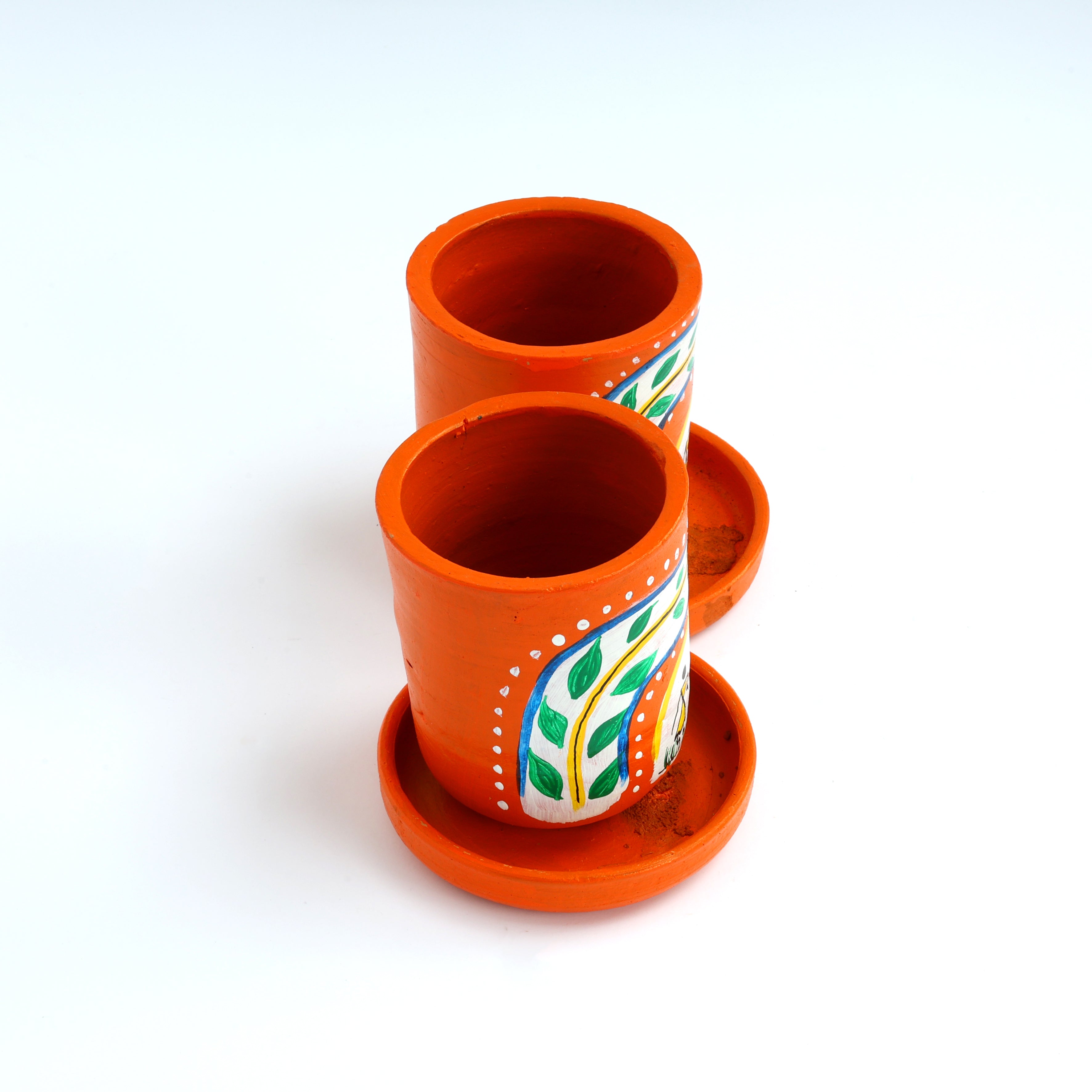 Handcrafted Orange Terracotta Planters - Set of 2 - Warli Hand Painting