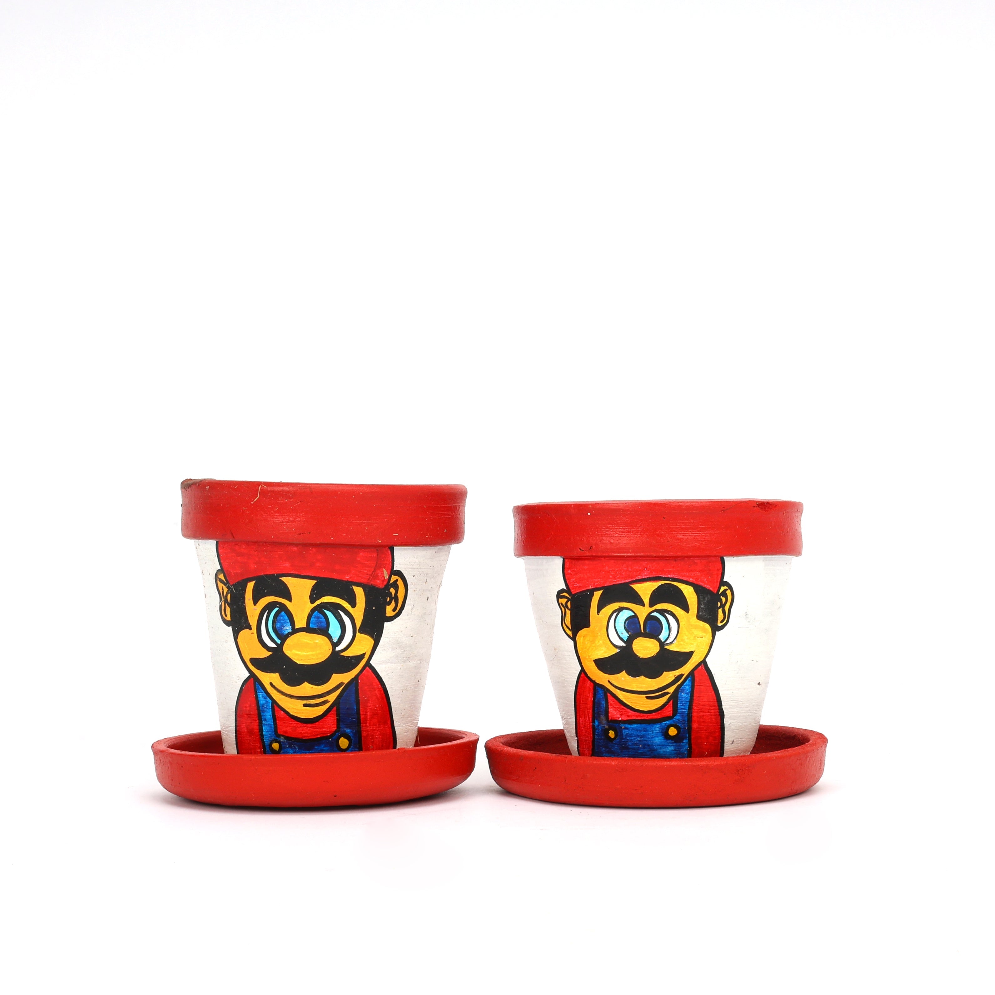 Handcrafted Red and White Terracotta Planters - Set of 2  - Mario Hand Painting