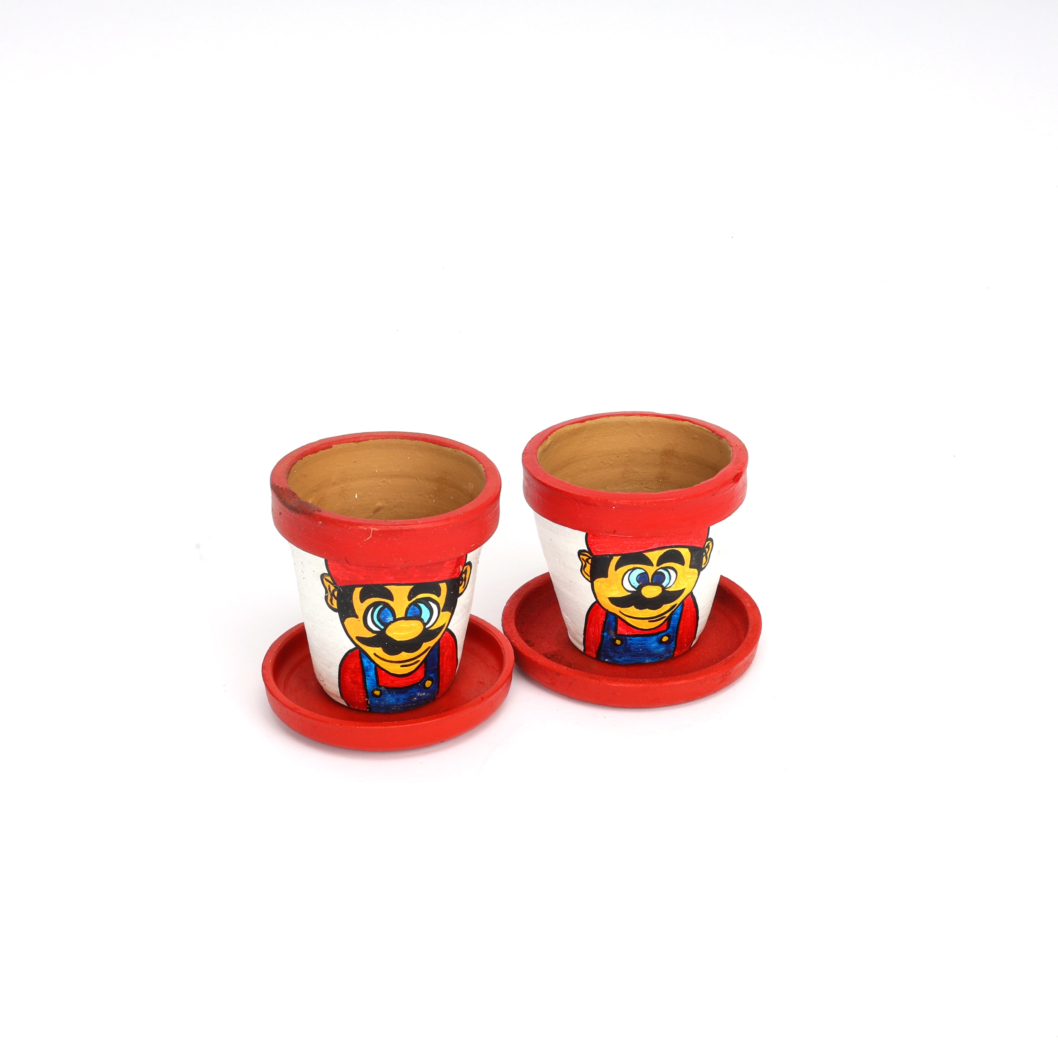 Handcrafted Red and White Terracotta Planters - Set of 2  - Mario Hand Painting