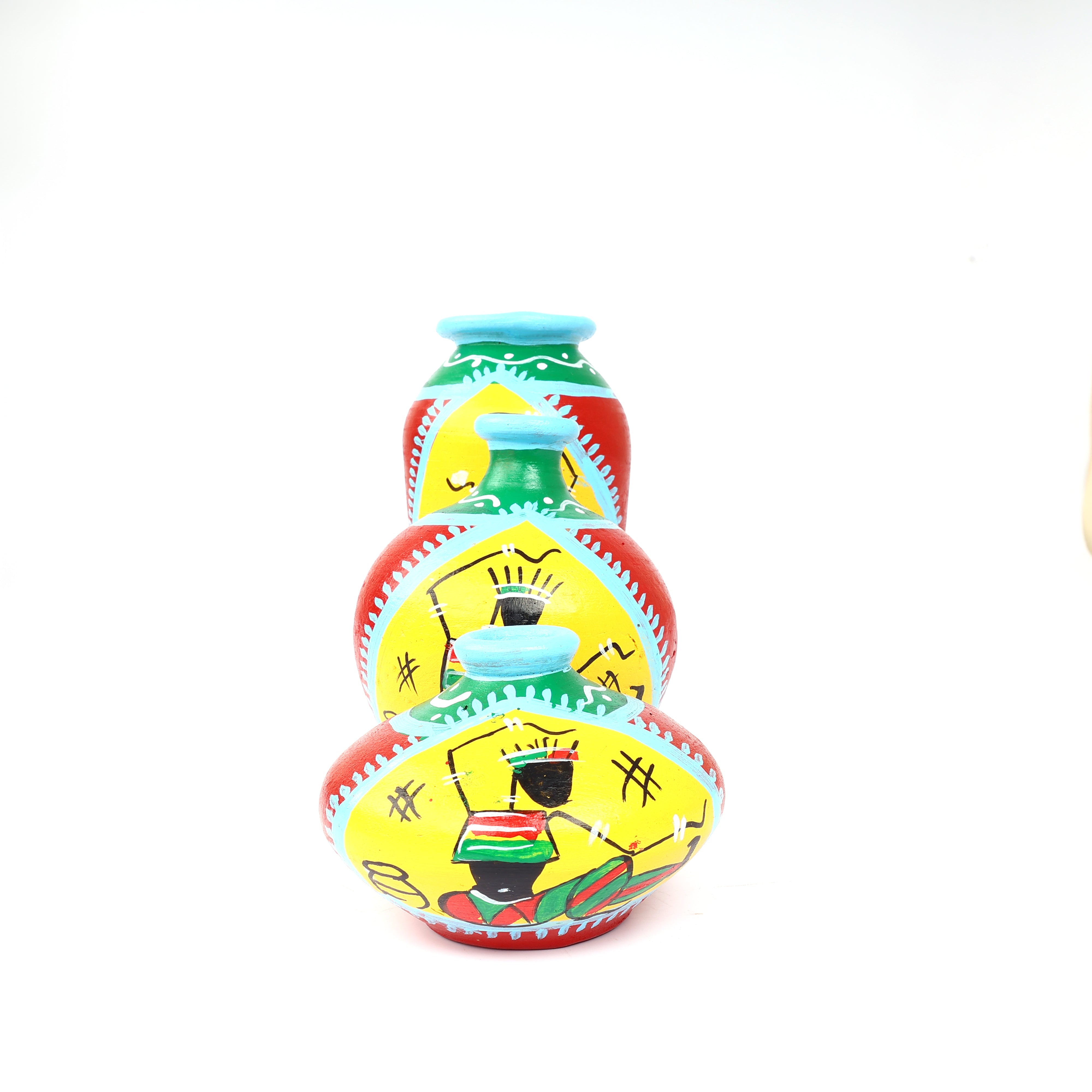 Handcrafted Red and Yellow Terracotta Pots for Home Decor - Set of 3 - Warli Hand Painting